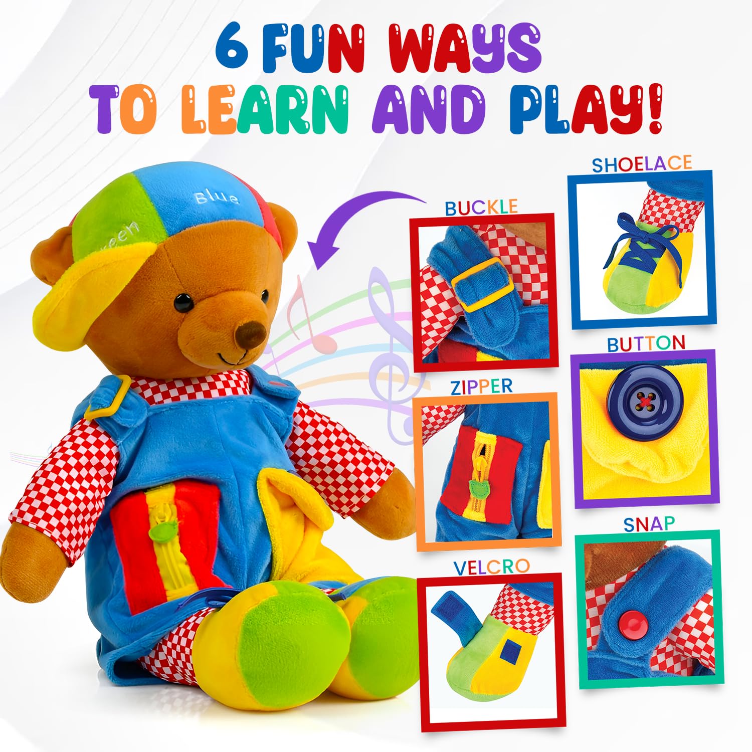 Bundaloo Talking Learning Dress-Up Bear for Toddlers - Educational Plush Toy that Talks & Sings ABCs, Zipper Button Shoelace Buckle Skills, 18”