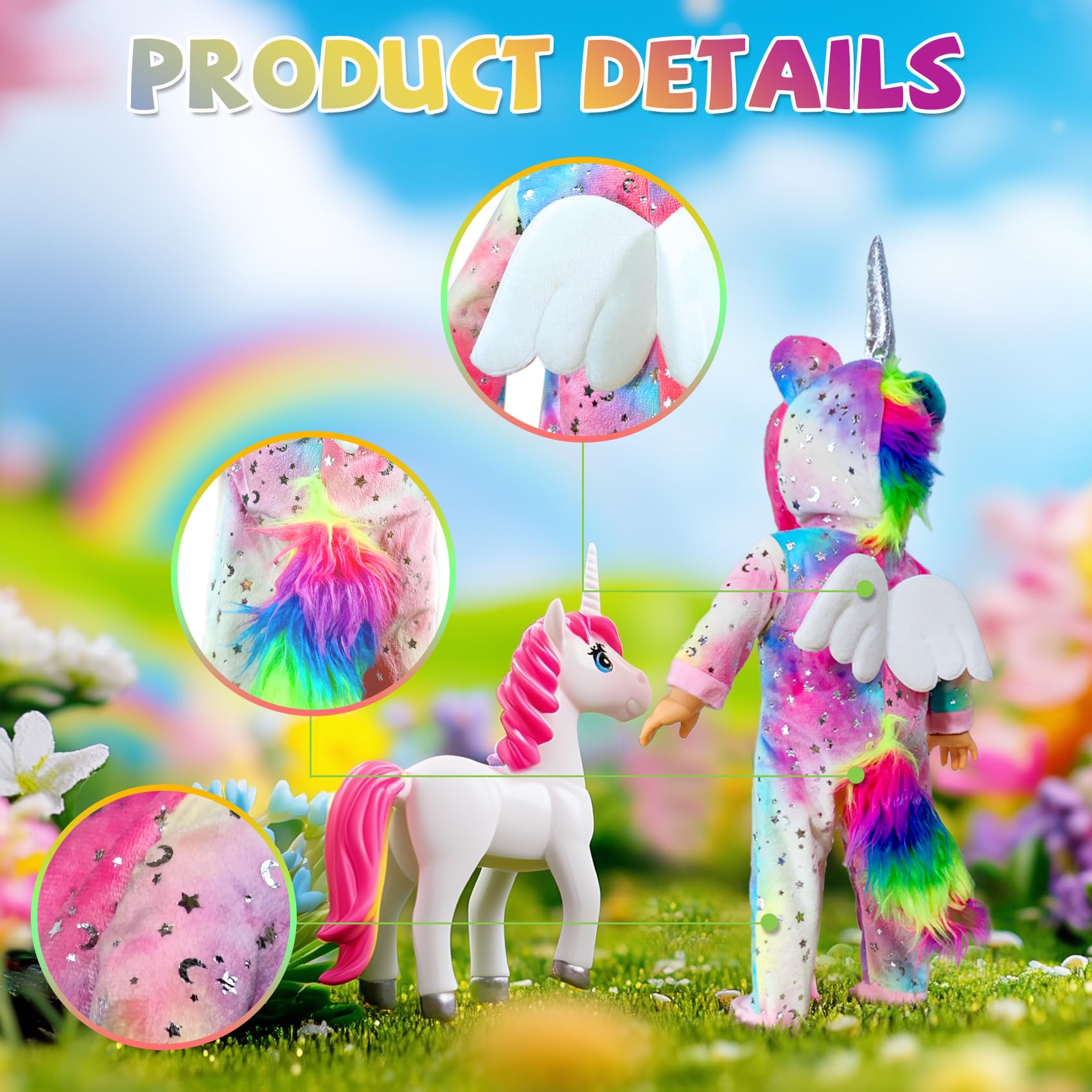 WONDOLL American 2-Sets 18-inch Doll Clothes Set - Amazing Rainbow Unicorn Clothes with Hair Clip and Headband - Compatible with All 18 inch Dolls