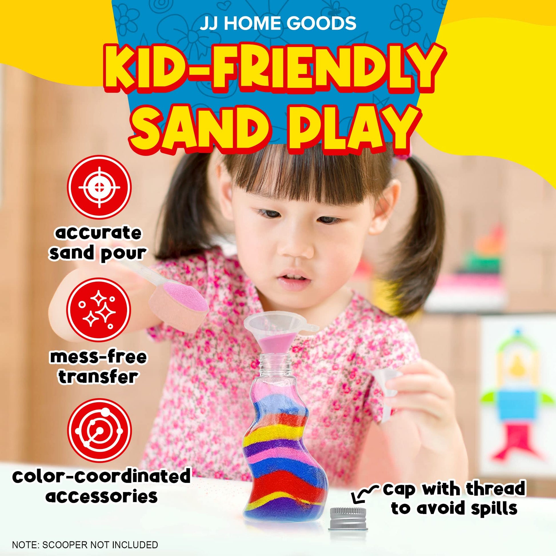 JJ CARE Sand Art Bottles [12 Wave-Shaped Sand Bottles + 6 Small & 6 Large Funnels] Craft Sand Art Kit for Kids 3 Years Above, Non-Toxic Rangoli Color