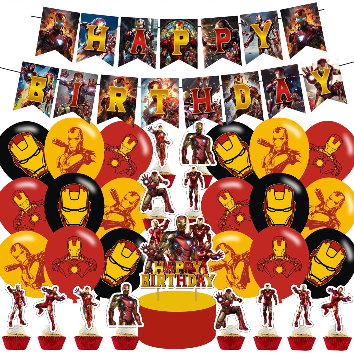 PINUO ???????? ?????? Birthday Party Decorations,Iron Hero Party Supplies Includes Cartoon Iron Hero Birthday Banner Balloons Cupcake Toppers Cake Topper