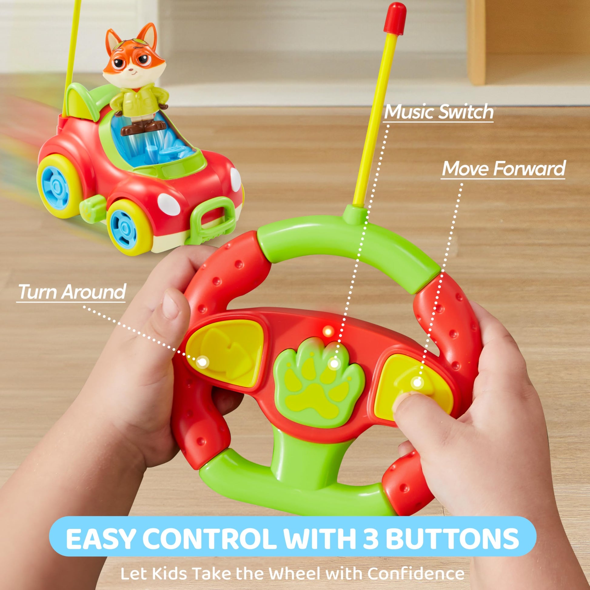 lalalark JOVA 2 Pack Remote Control Car for Toddlers, RC Cars with Cartoon Figure, Kids Toy Bumper Cars with LED Lights and Sounds, Light Up Car