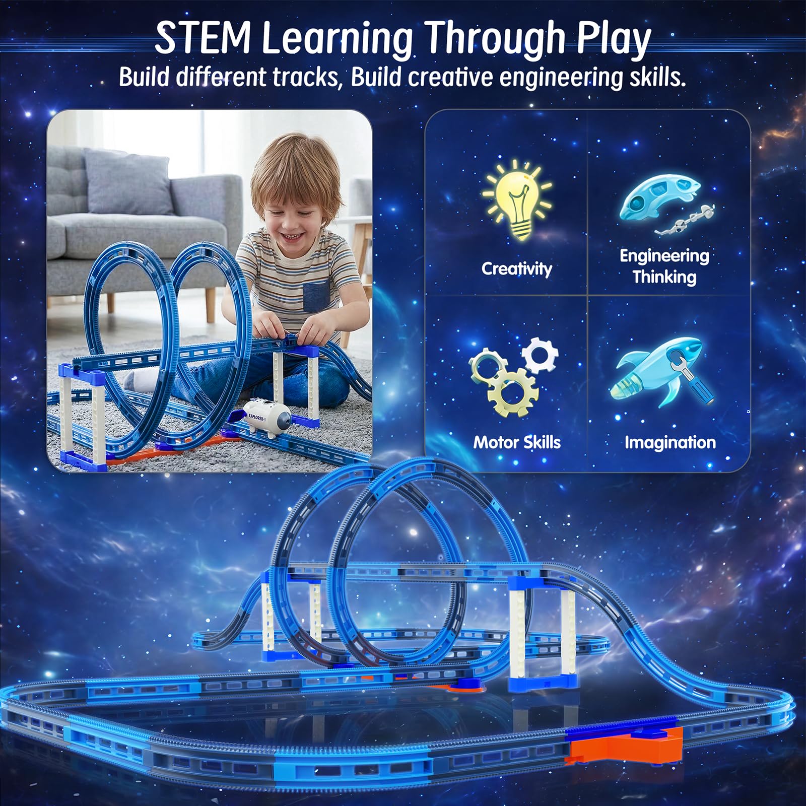 Electric Space Rocket Car Track Set with Mist Spray & Blue Lights - 86 PCS DIY STEM Building Race Track Toy with Suction Cups, Birthday Gift for Boys