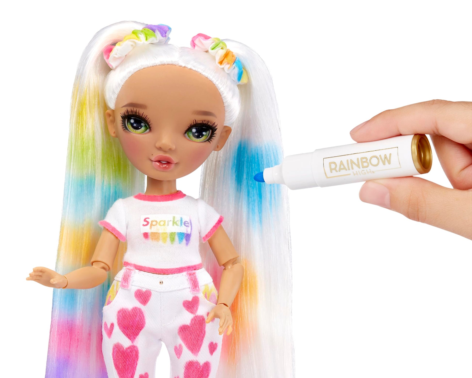 Rainbow High Color & Create Fashion DIY Doll with Washable Rainbow Markers, Green Eyes, Straight Hair in 2 Pig Tails, Bonus Top & Shoes. Color