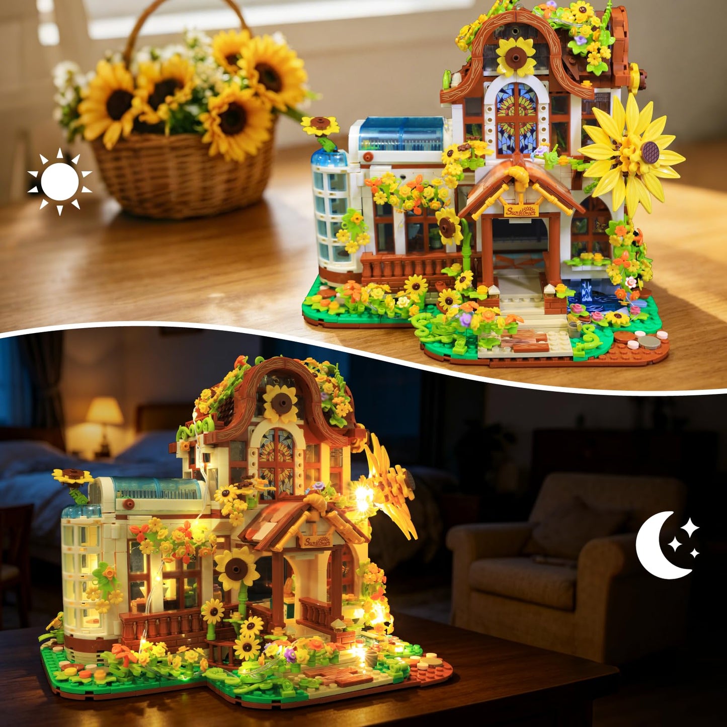 NightFlares Flower House Building Set with LED Light, Sunflower House Shop Building kit with Greenhouse & Motion Sensor, Gift for Women Mom Girl 14+
