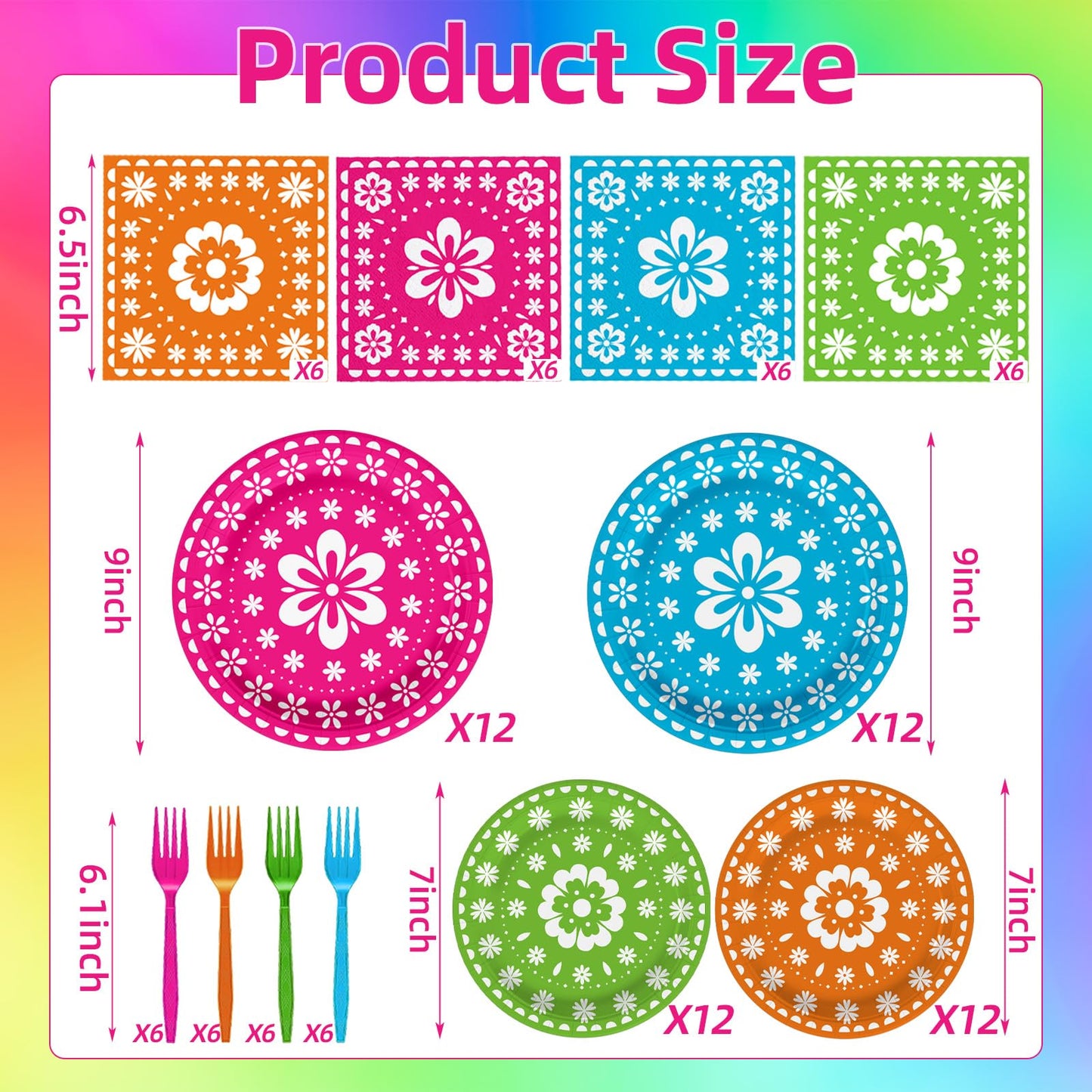 96 Pcs Mexican Fiesta Party Supplies Set, Serves 24 - Colorful Papel Picado Floral Paper Plates, Napkins, and Forks, Disposable Tableware for Cinco de