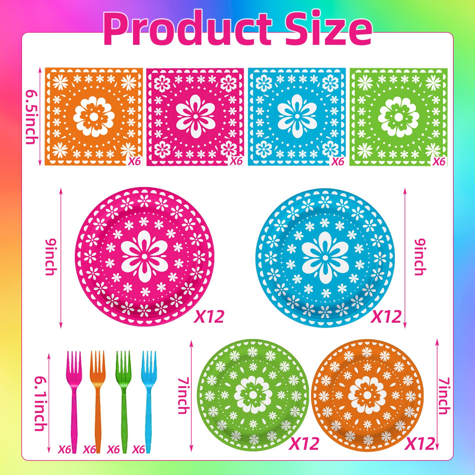 96 Pcs Mexican Fiesta Party Supplies Set, Serves 24 - Colorful Papel Picado Floral Paper Plates, Napkins, and Forks, Disposable Tableware for Cinco de
