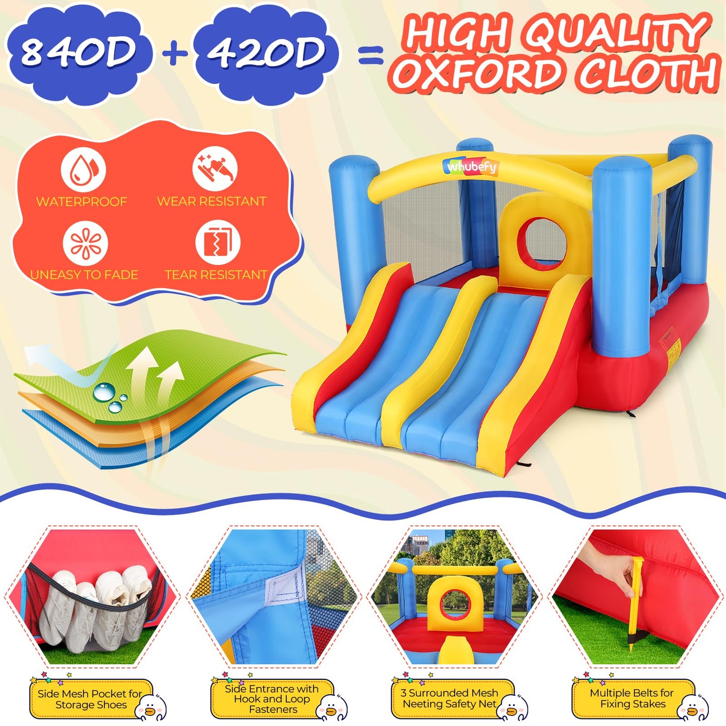 Whubefy Bounce House, Inflatable Bounce House for Kids 3-6 Big Kids 8-12, Indoor/Outdoor Double Slide Obstacle Bouncer with Blower, 12 x 9FT Jumping