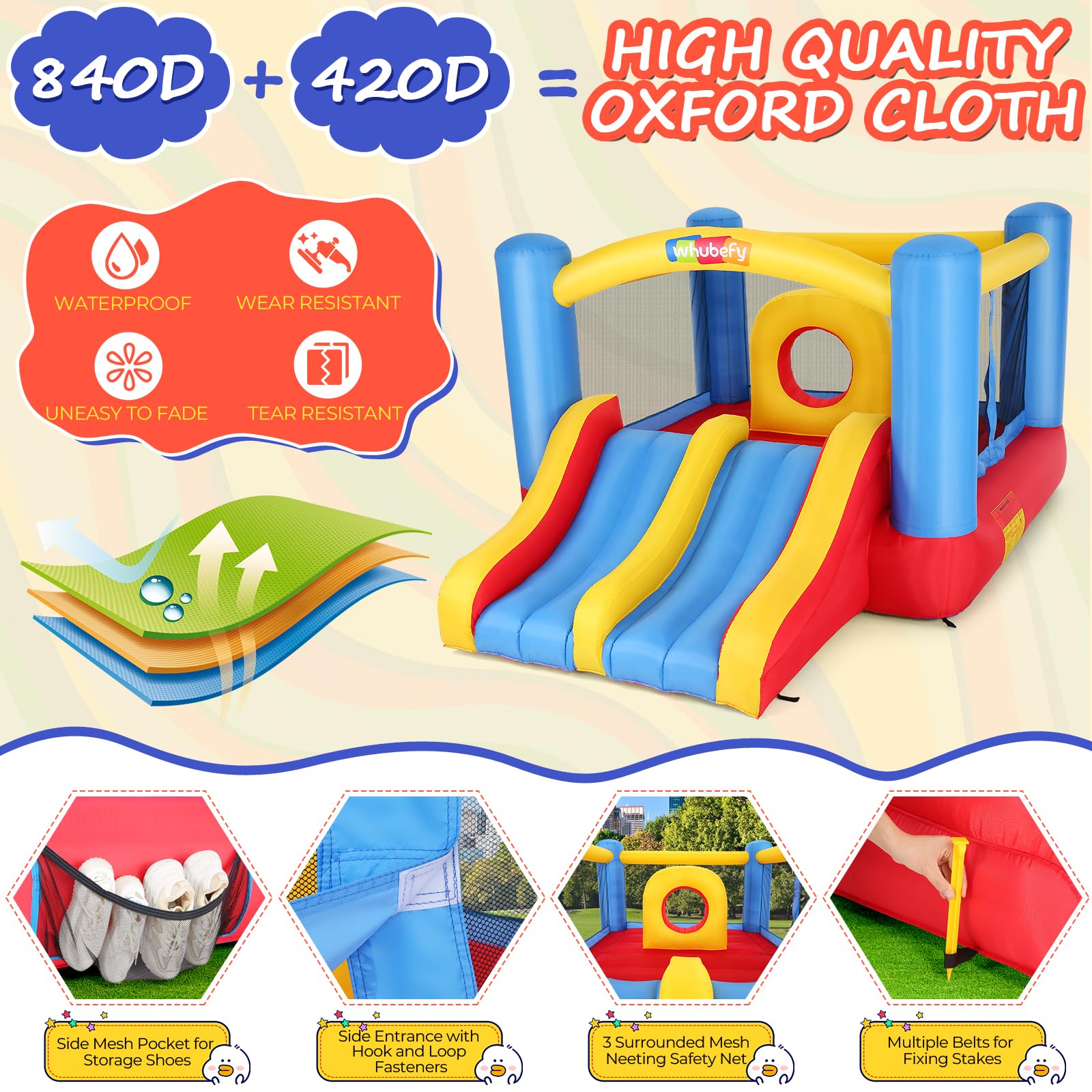 Whubefy Bounce House, Inflatable Bounce House for Kids 3-6 Big Kids 8-12, Indoor/Outdoor Double Slide Obstacle Bouncer with Blower, 12 x 9FT Jumping