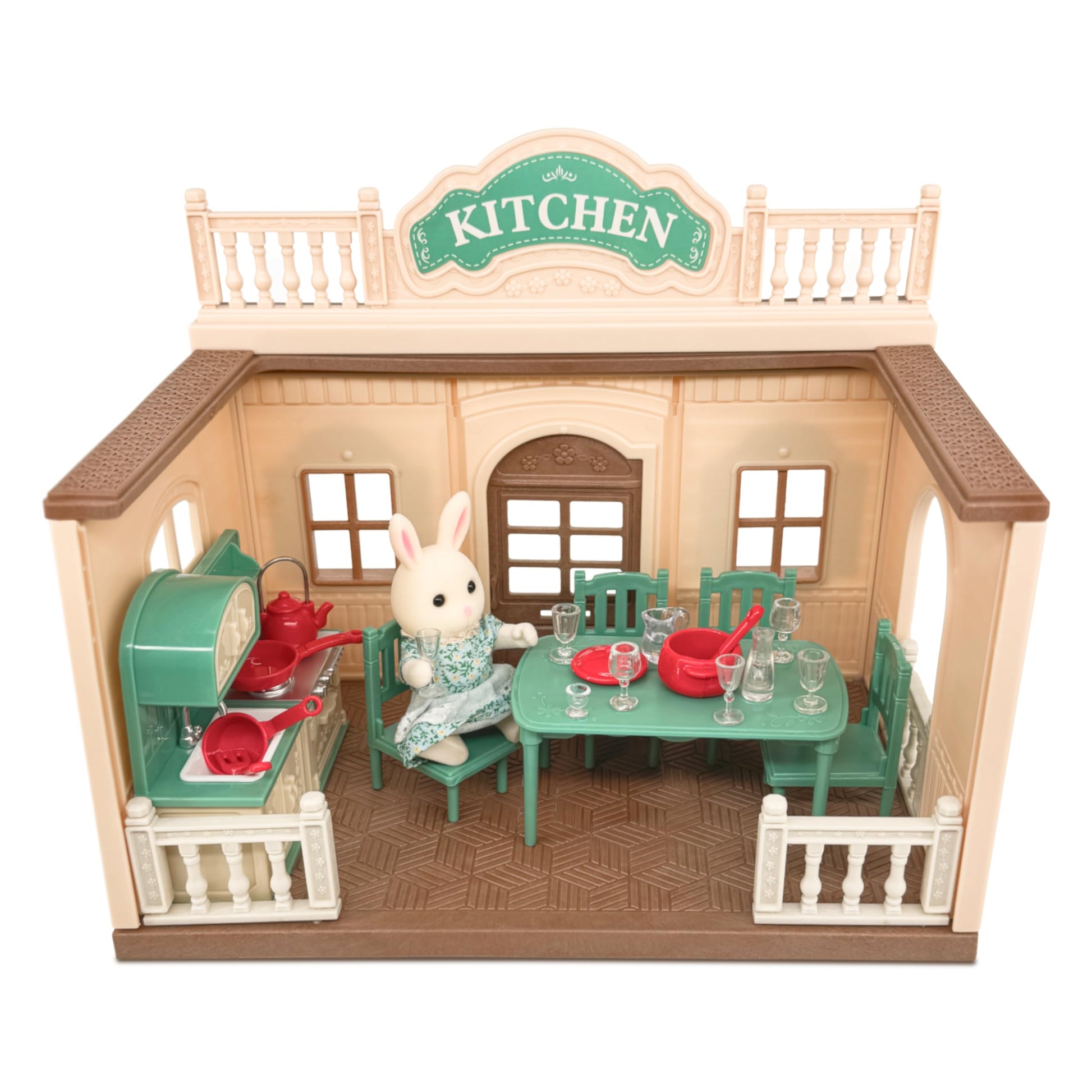 OLEOCA Family Kitchen Doll House - Cozy Cabin with Bunny Figure, Dining Set & Cookware, Complete Modular Dollhouse Playset for Creative Pretend Play