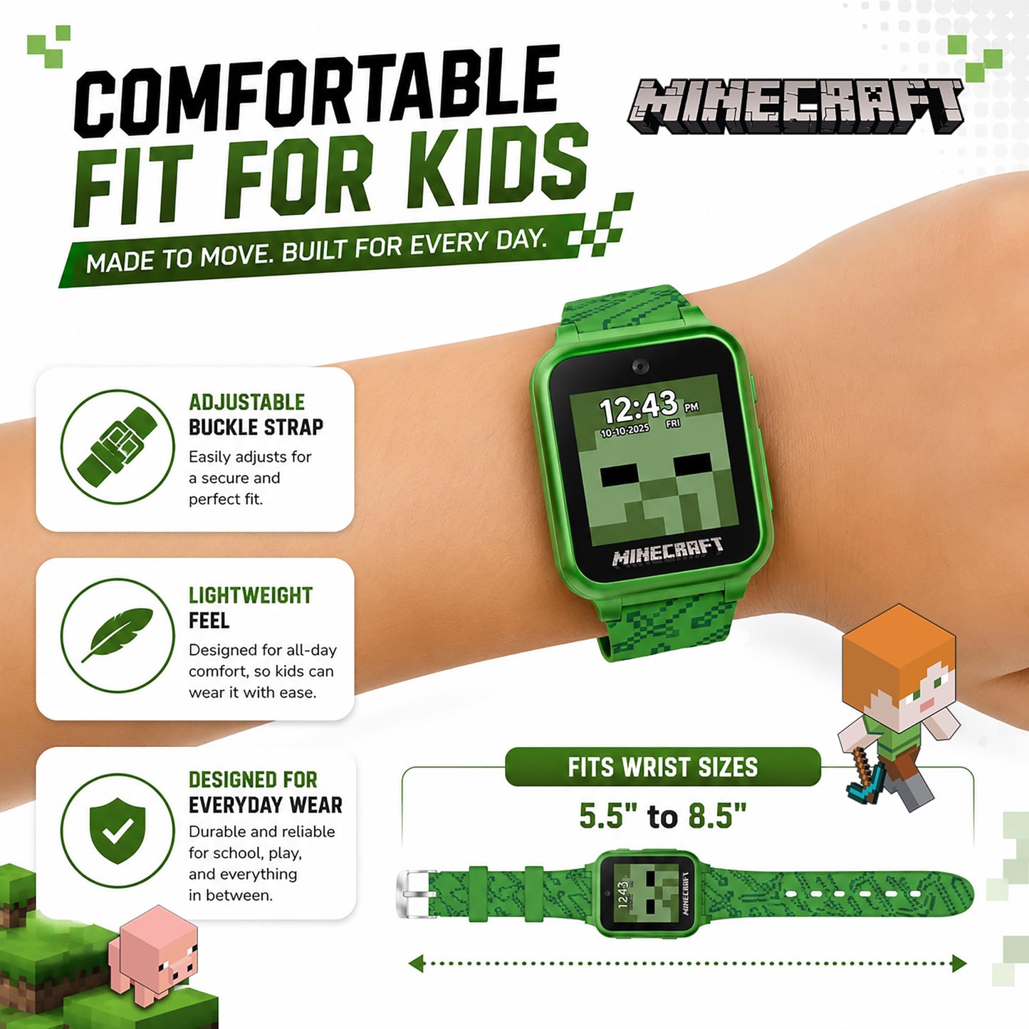Minecraft Kids Smart Watch - Touchscreen Interactive Watch with 10 Customizable Clock Faces, Built-in Camera, Video Recorder, Alarm, Calculator, Games
