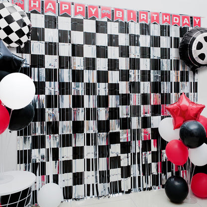 Race Car Birthday Party Decoration, 2 Pack Race Car Party Backdrop Photo Booth Prop, Black and Silver Checkered Fringe Curtains Tinsel Photo Streamers