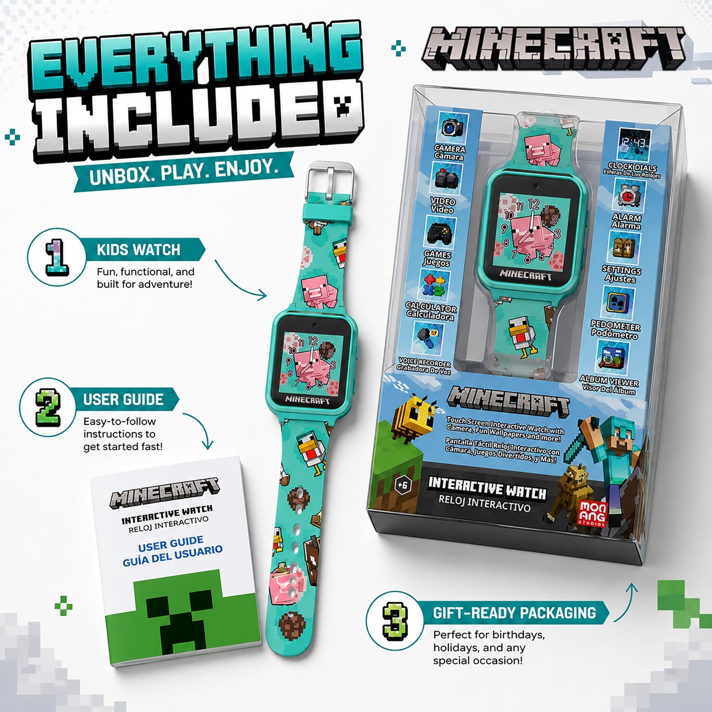 Minecraft Kids Smart Watch with Touchscreen Display, 10 Watch Faces, Games, Camera, Alarm, Timer, Step Counter & Calculator - Fun Interactive Learning