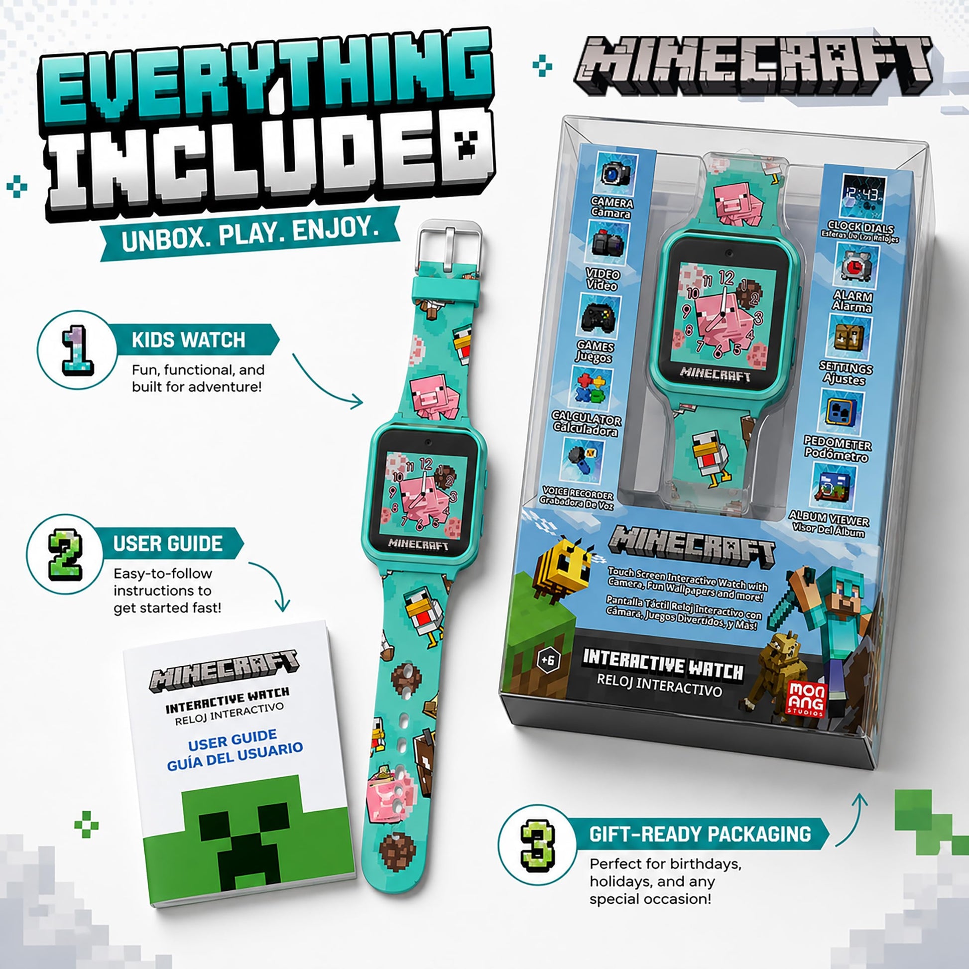 Minecraft Kids Smart Watch with Touchscreen Display, 10 Watch Faces, Games, Camera, Alarm, Timer, Step Counter & Calculator - Fun Interactive Learning