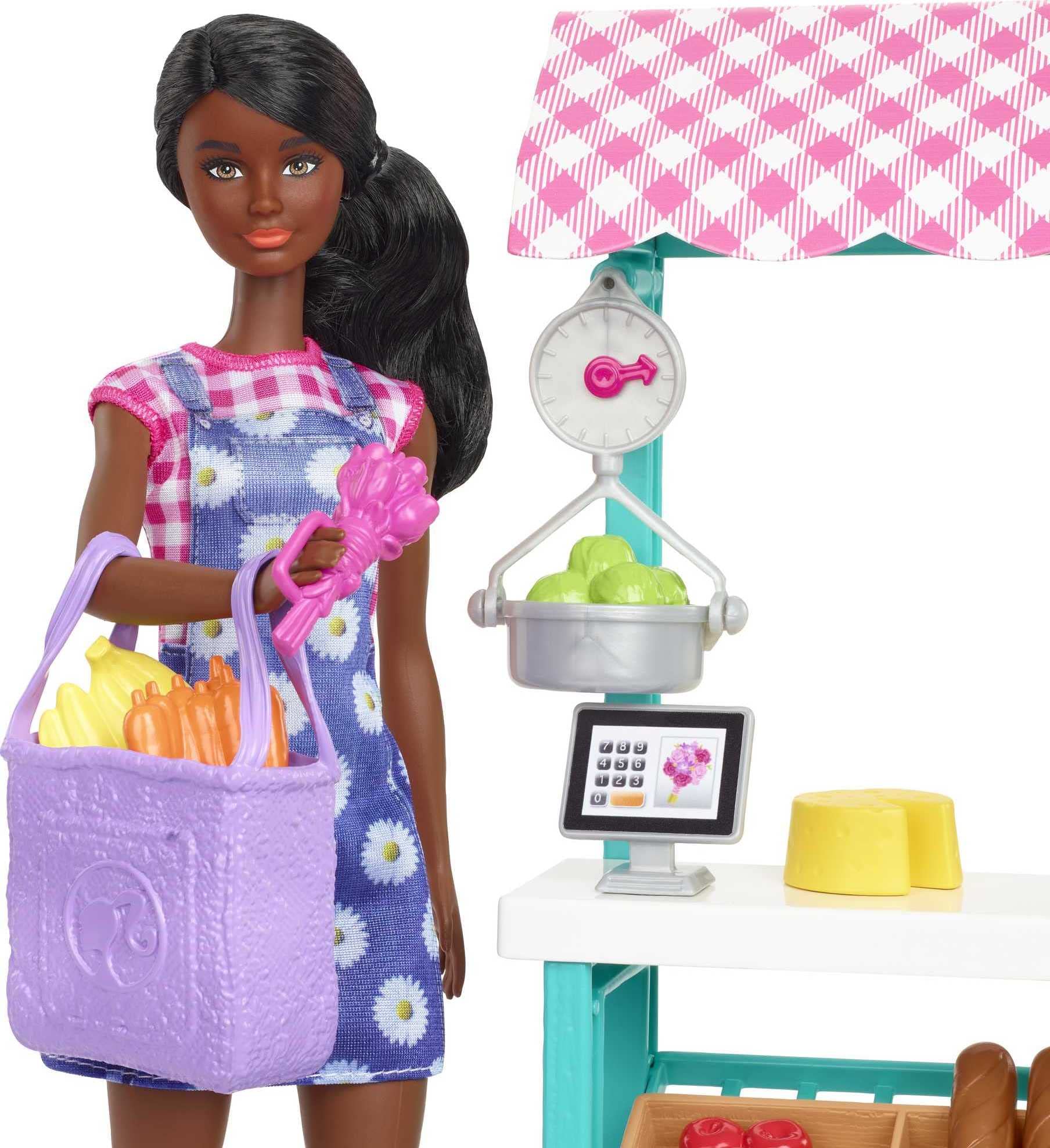 Barbie Farmers Market Playset, Barbie Doll (Brunette), Stand, Register, Vegetables, Bread, Cheese & Flowers, Great Toy for Ages 3 Years Old & Up