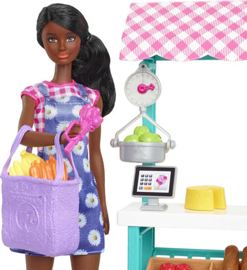 Barbie Farmers Market Playset, Barbie Doll (Brunette), Stand, Register, Vegetables, Bread, Cheese & Flowers, Great Toy for Ages 3 Years Old & Up
