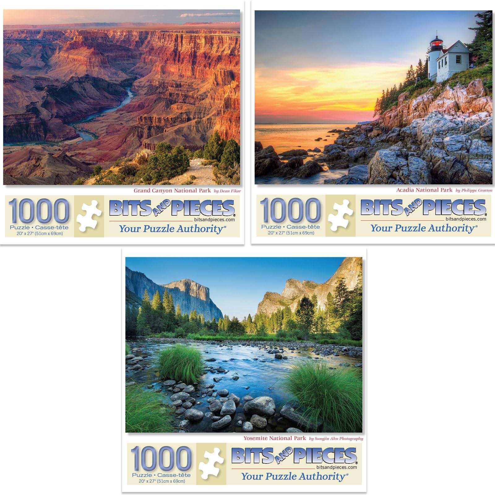 Bits and Pieces Value Set of 3-1000 Piece Jigsaw Puzzles for Adults - National Park Puzzles - Grand Canyon, Yosemite, Acadia - Completed Sizes 20" x