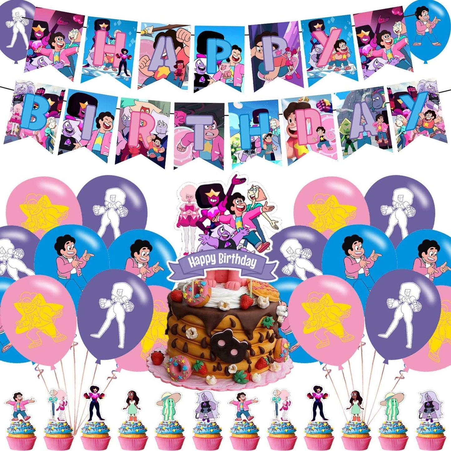 Steven Universe Party Decorations, Cute Cartoon Movie Birthday Party Supplies Includes Banner, Cake Topper, 12 Cupcake Toppers, 18 Balloons