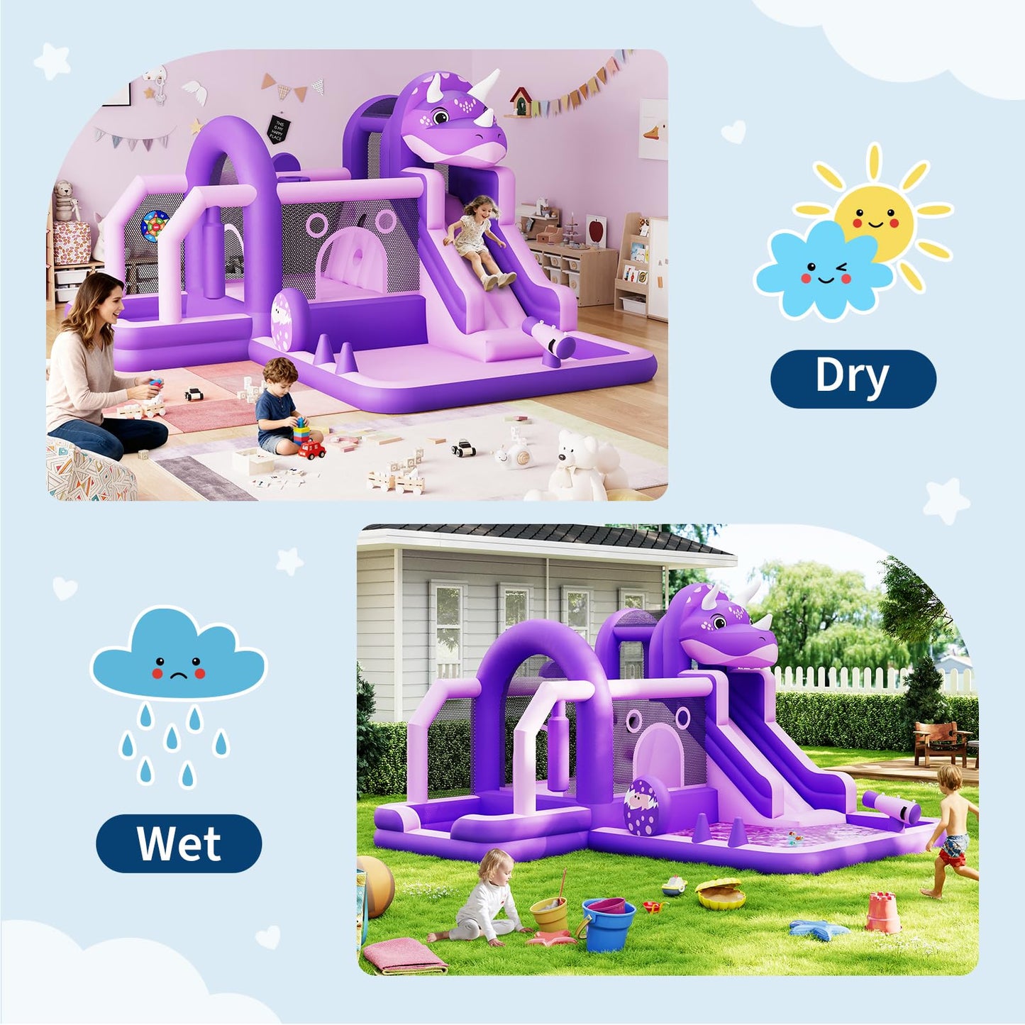 Bounce House, Inflatable Dinosaur Bouncer with Slide and Air Blower, Oxford Cloth Jumping Castle for Kids, Durable Sewn Bouncy House with Large Play