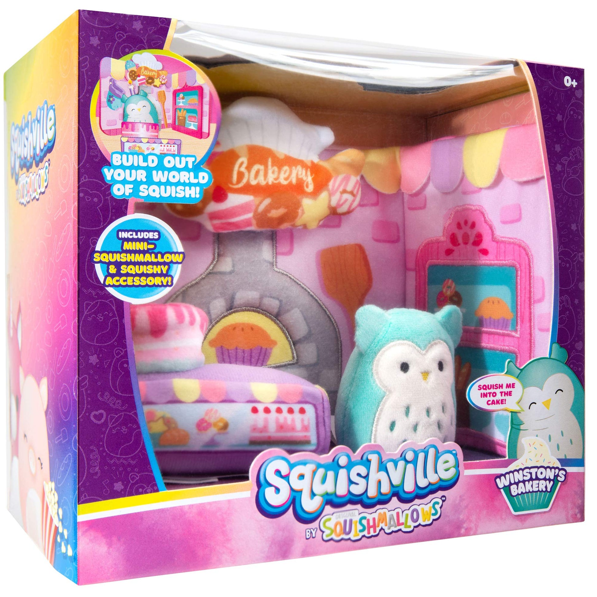 Squishville by Squishmallow Bakery Play Scene, 2” Winston Mini-Squishmallow, 8” Playset, 1 Plush Accessory, Marshmallow-Soft Animals, Bakery Toy