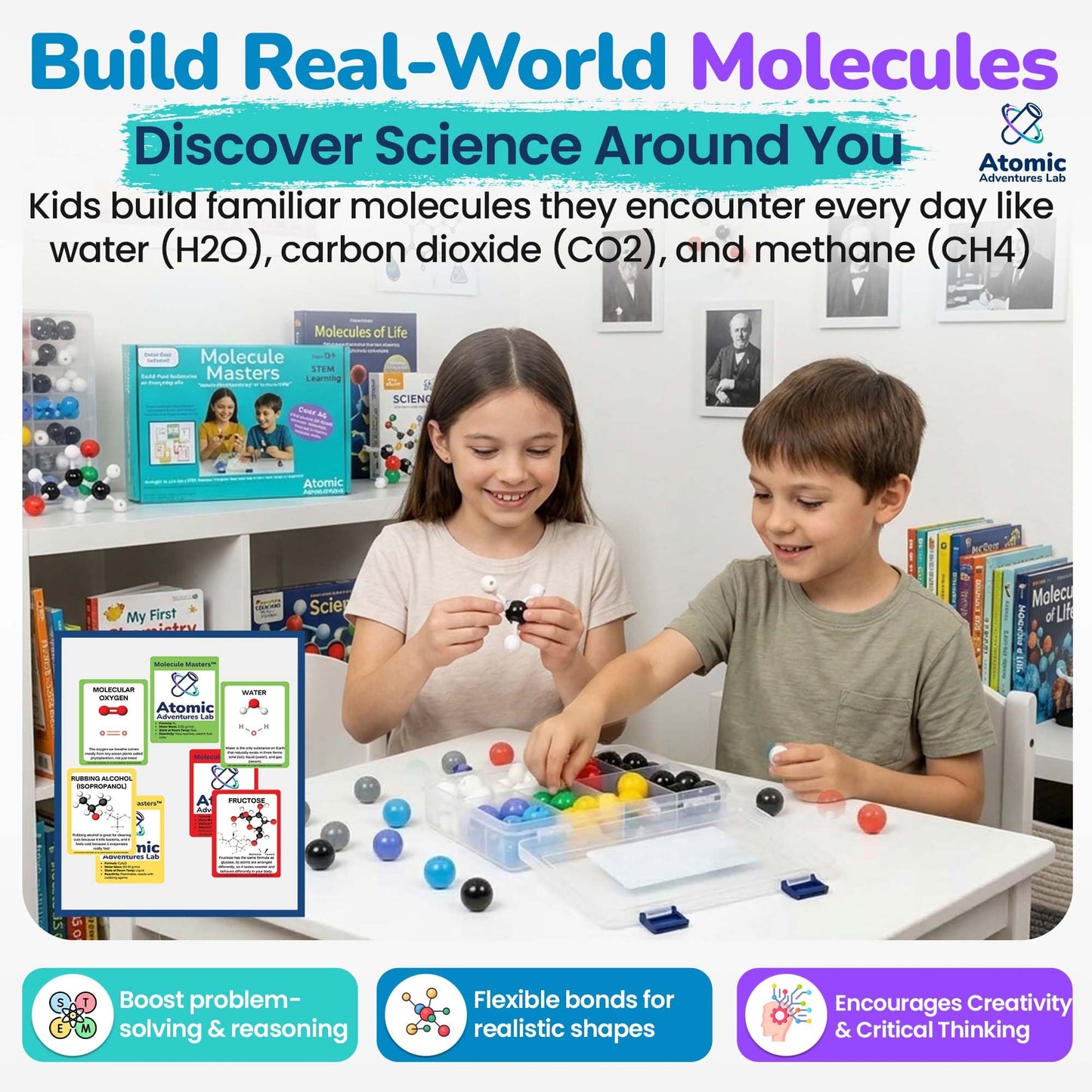 Atomic Adventures Lab Educational Molecule Model Kit for Kids - Organic Chemistry Molecular Model Kit with Guide & STEM Learning Activity Cards