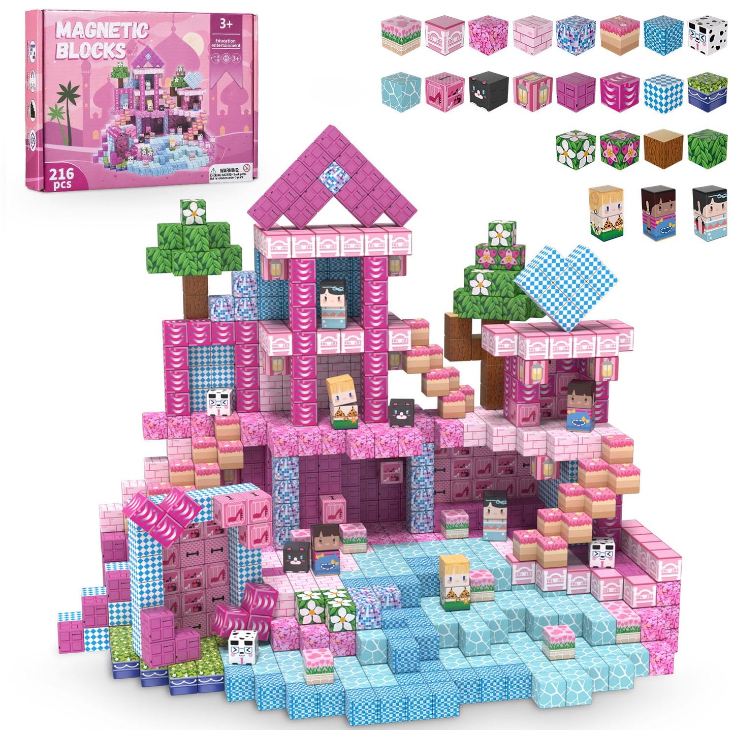 ADAH 216PCS Magnetic Building Blocks for Girls, Pink Princess STEM Toys for Ages 4-8, Creative Educational Building Toys for 3-6 Year Olds, Magic
