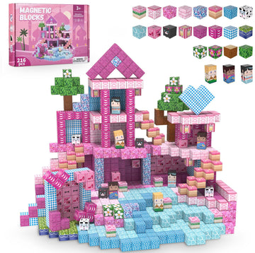 ADAH 216PCS Magnetic Building Blocks for Girls, Pink Princess STEM Toys for Ages 4-8, Creative Educational Building Toys for 3-6 Year Olds, Magic