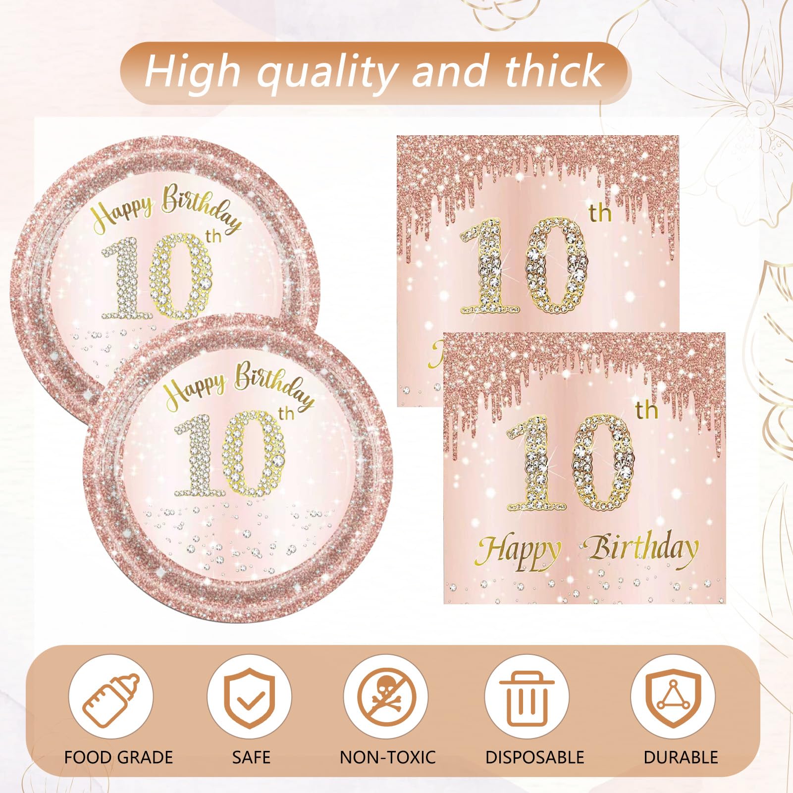 41 Pcs 10th Birthday Decorations for Girl,Rose Gold Happy 10 Years Old Ten Birthday Party Tableware Set 10th Birthday Party Plates