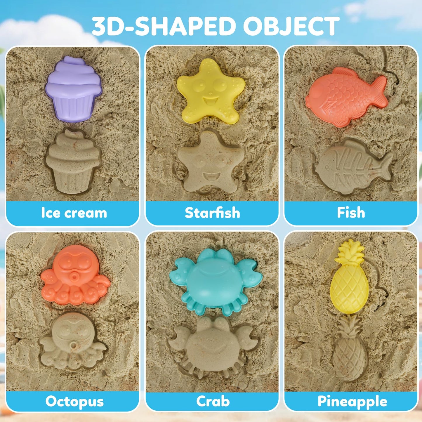 GKDOMS Kids Beach Toys Set with Collapsible Bucket, Sand Molds, Sand Rake and Shovel, Travel Sand Toys Sandplayset for Ages 2-6 (Single Multi)