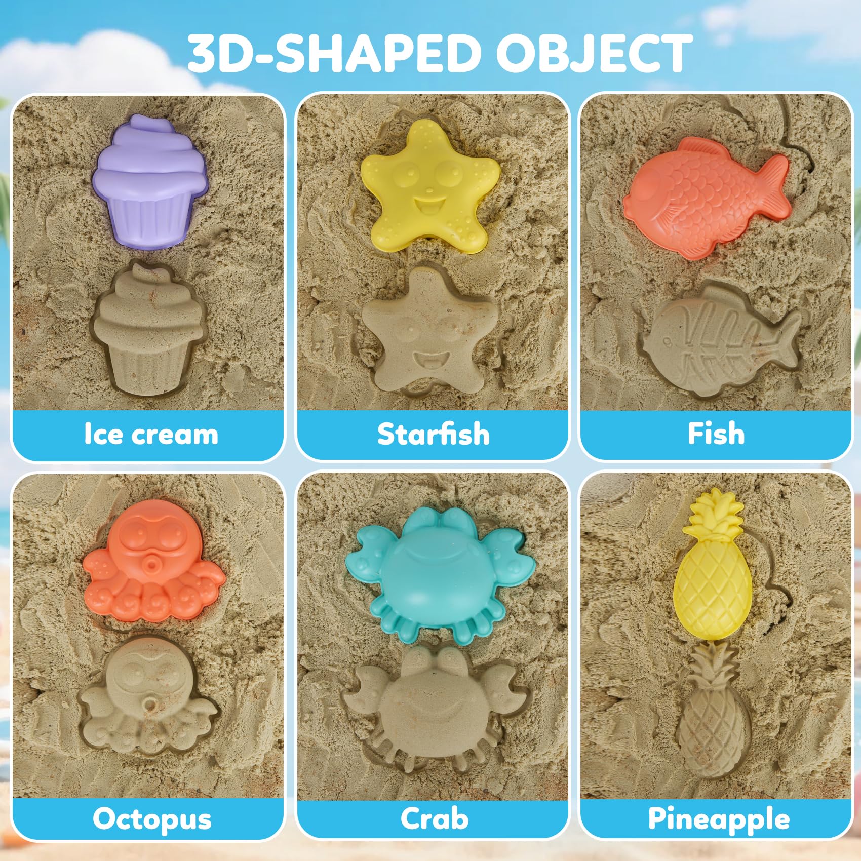 GKDOMS Kids Beach Toys Set with Collapsible Bucket, Sand Molds, Sand Rake and Shovel, Travel Sand Toys Sandplayset for Ages 2-6 (Single Multi)