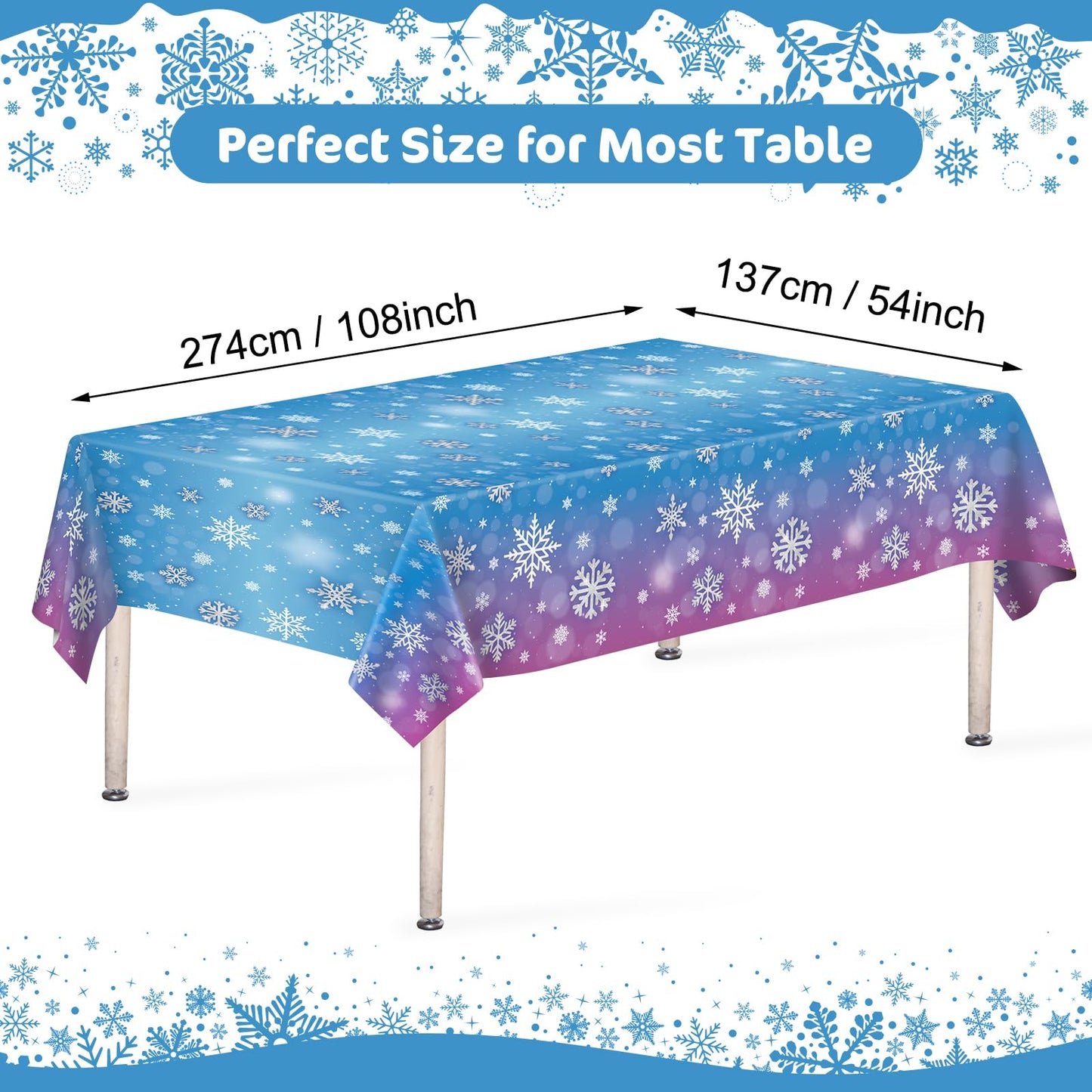 3 Pcs Winter Snowflake Tablecloth - Frozen Wonderland Plastic Table Cloth Disposable Rectangular Snowflakes Table Cover for Frozen Birthday Party