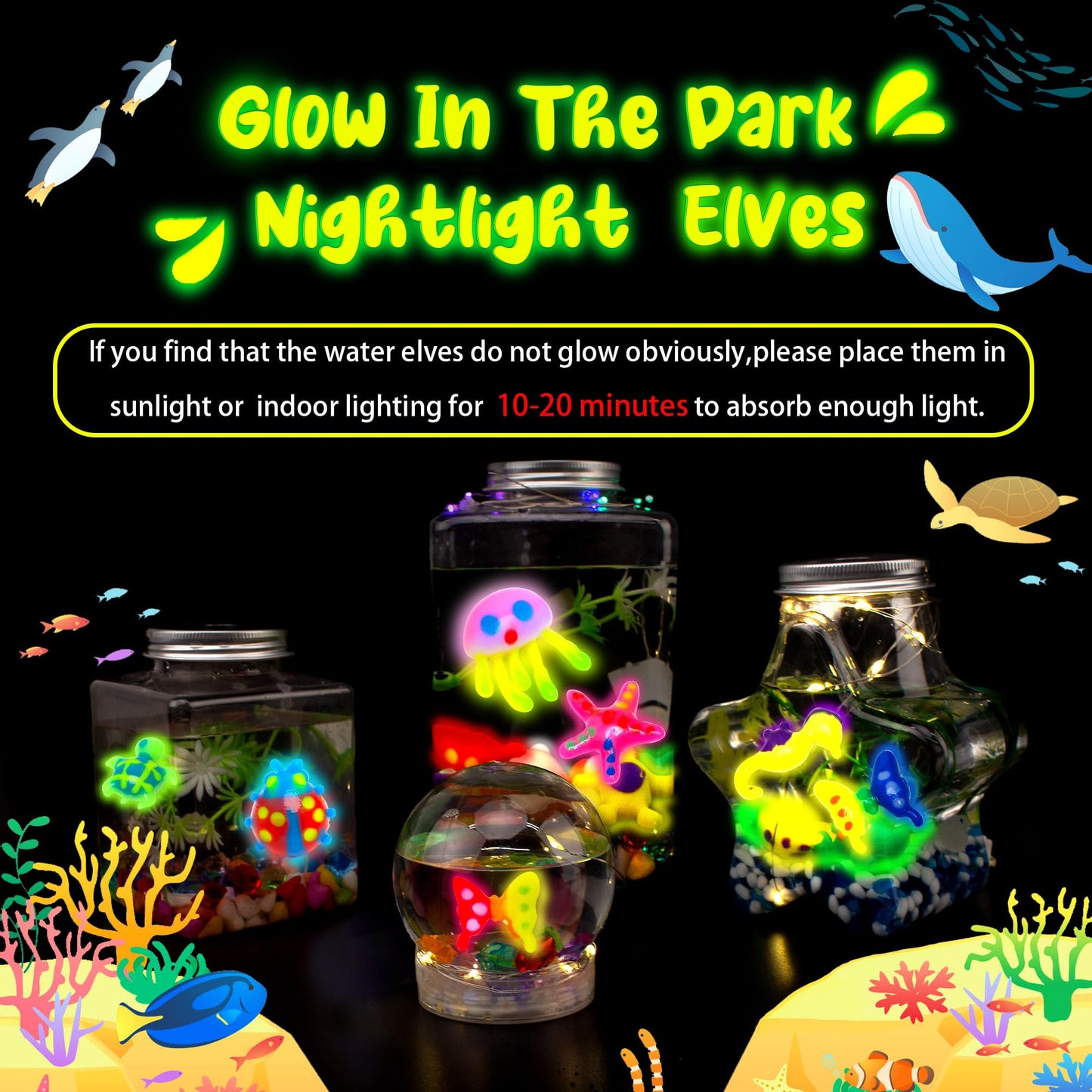 Kiditos Magic Water Elf Toy Kit Glow in the Dark - Make Your Own Water Pets, 6 Magic Gels & 6 Molds, Kids DIY Sensory Craft Kit, STEM Science Toy
