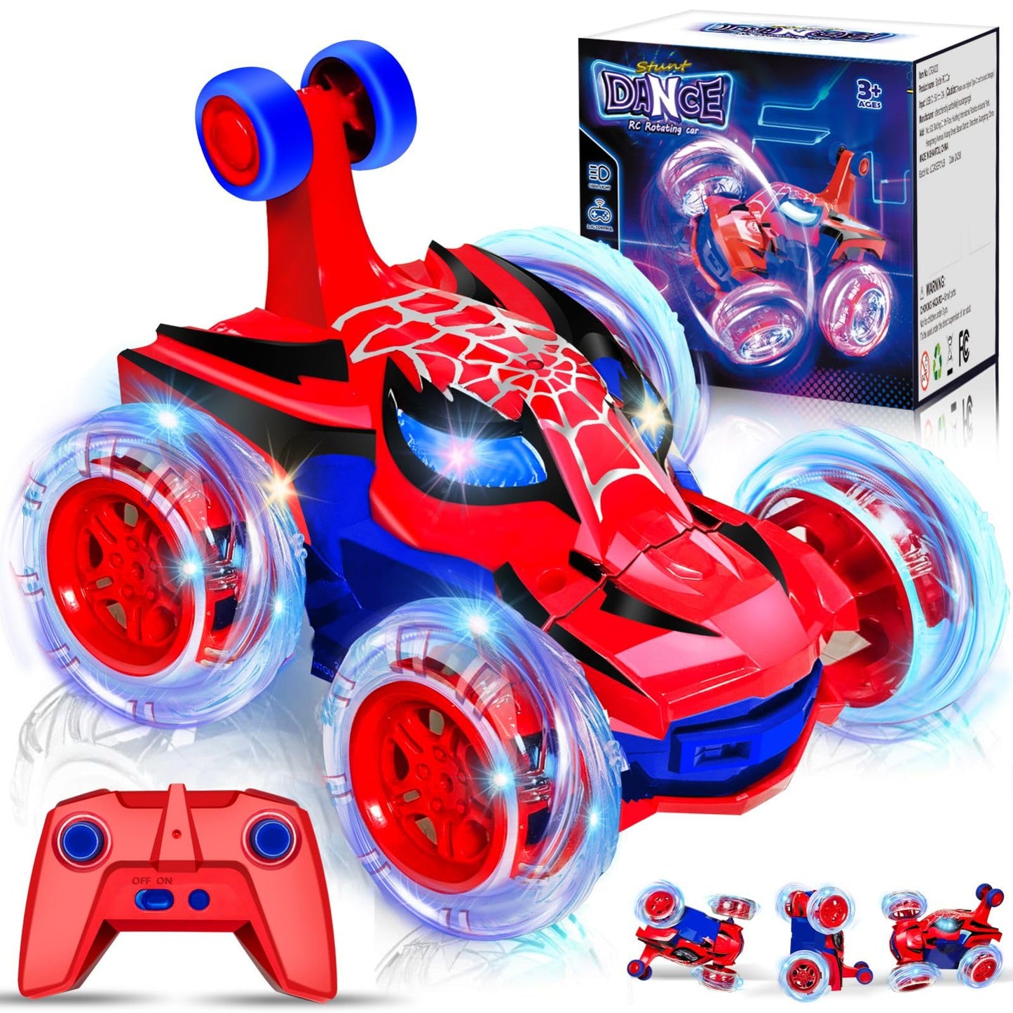 Kids Toys Spider RC Car for Boys 4-7 - Cool Spider Monster Remote Control Crawler Toy 360° Flip Fast Stunt & 4WD Light Up Wheel - Fun Boy Gift Idea