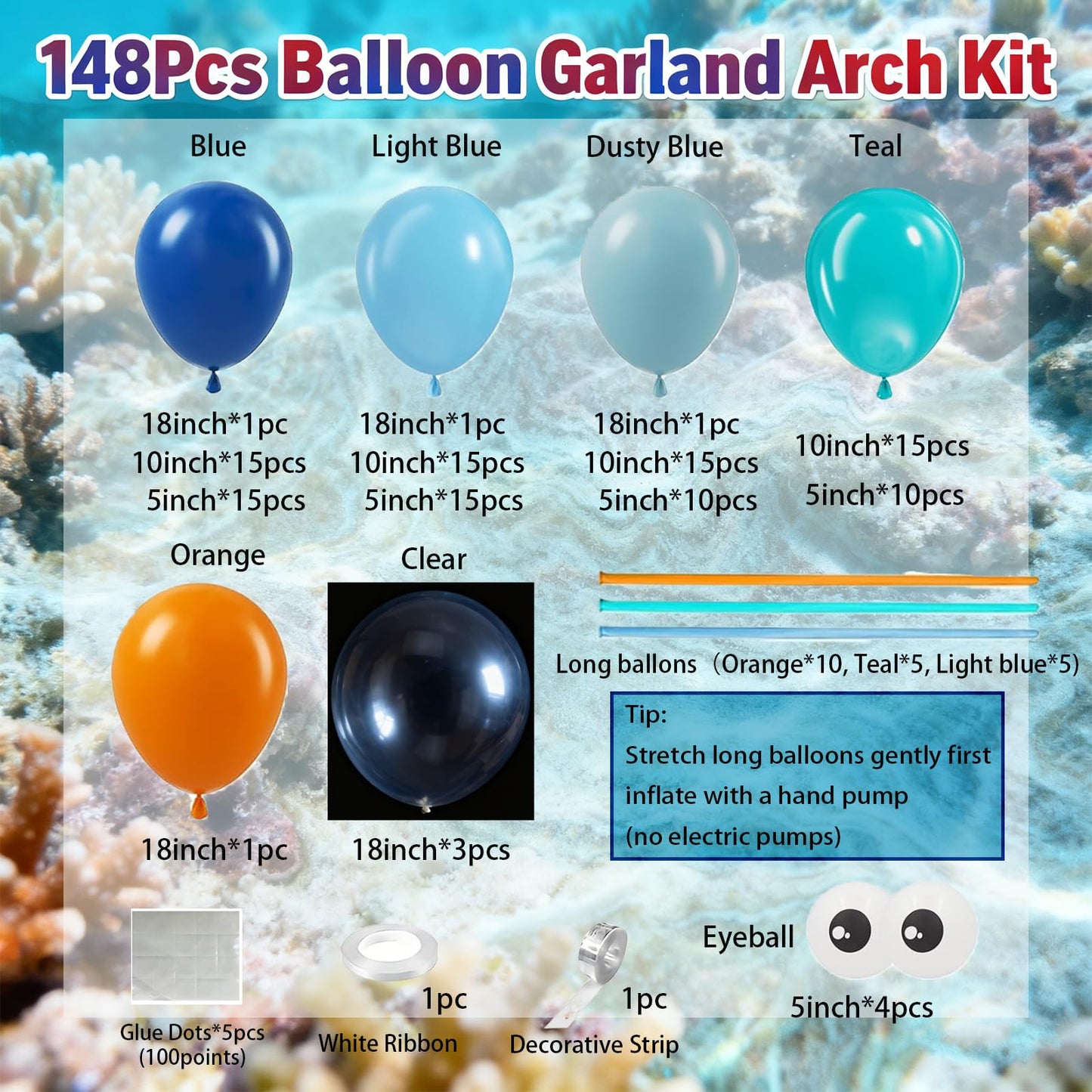 148pcs Under The Sea Balloons Garland Arch Kit for Boy Girl Ocean beach Themed Party Decorations for Baby Shower Birthday Party, with octopus Balloon