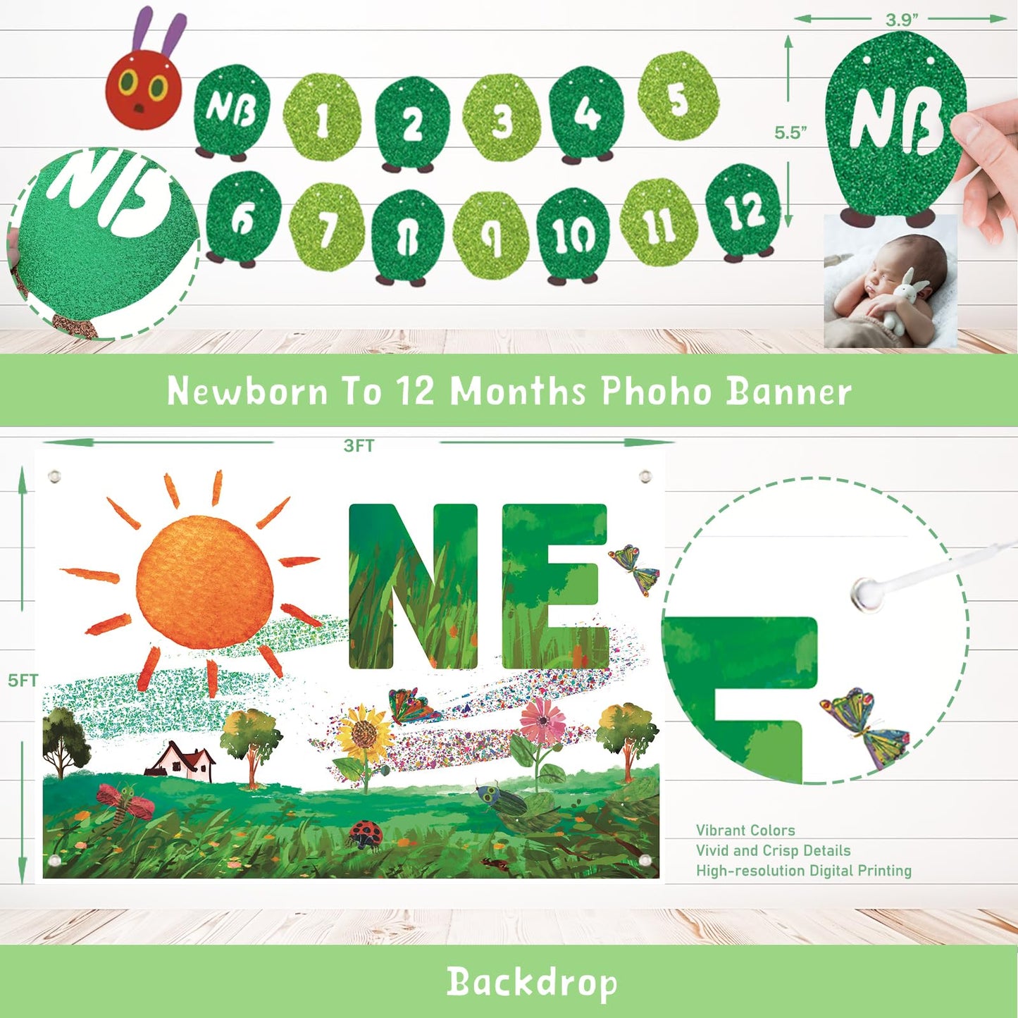 Homond Green Caterpillar 1st Birthday Decorations, Fruit Theme Decorations - Backdrop Number One Balloon Highchair Banner Box Crown, Very Cartoon