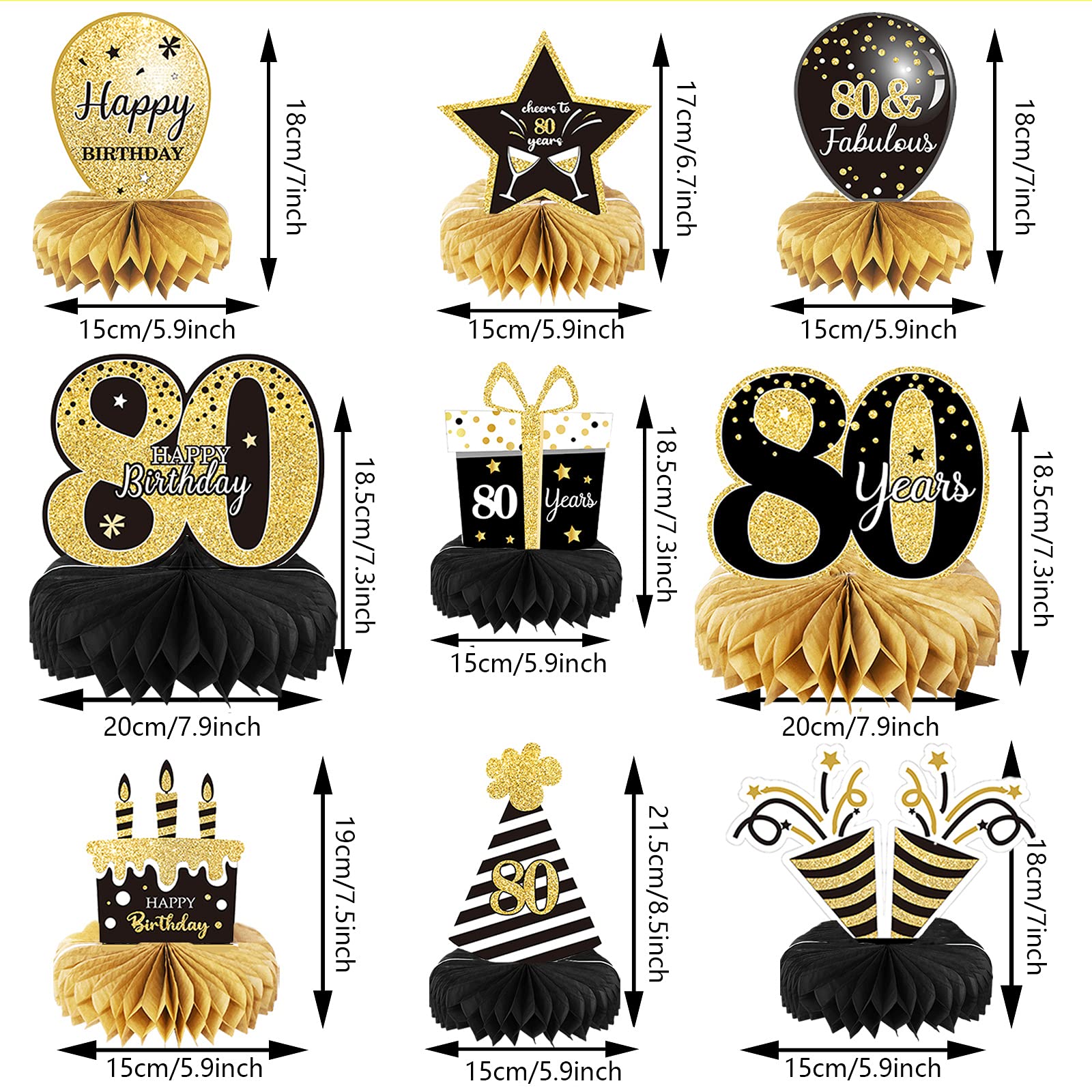 9 Pieces 80th Birthday Decoration 80 th Birthday Centerpieces for Tables Decorations Cheers to 80 Years Honeycomb Table Topper for Men and Women