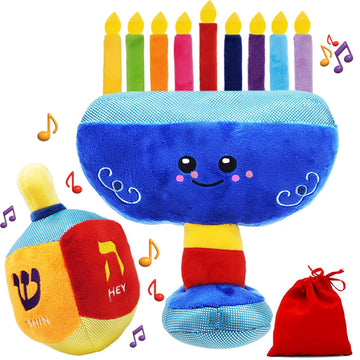 Plush Hanukkah Menorah & Plush Dreidel Toy Musical Menorah Plays 2 Classic Hanukkah Melodies Includes Removable Chanukah Candles & Candle Bag