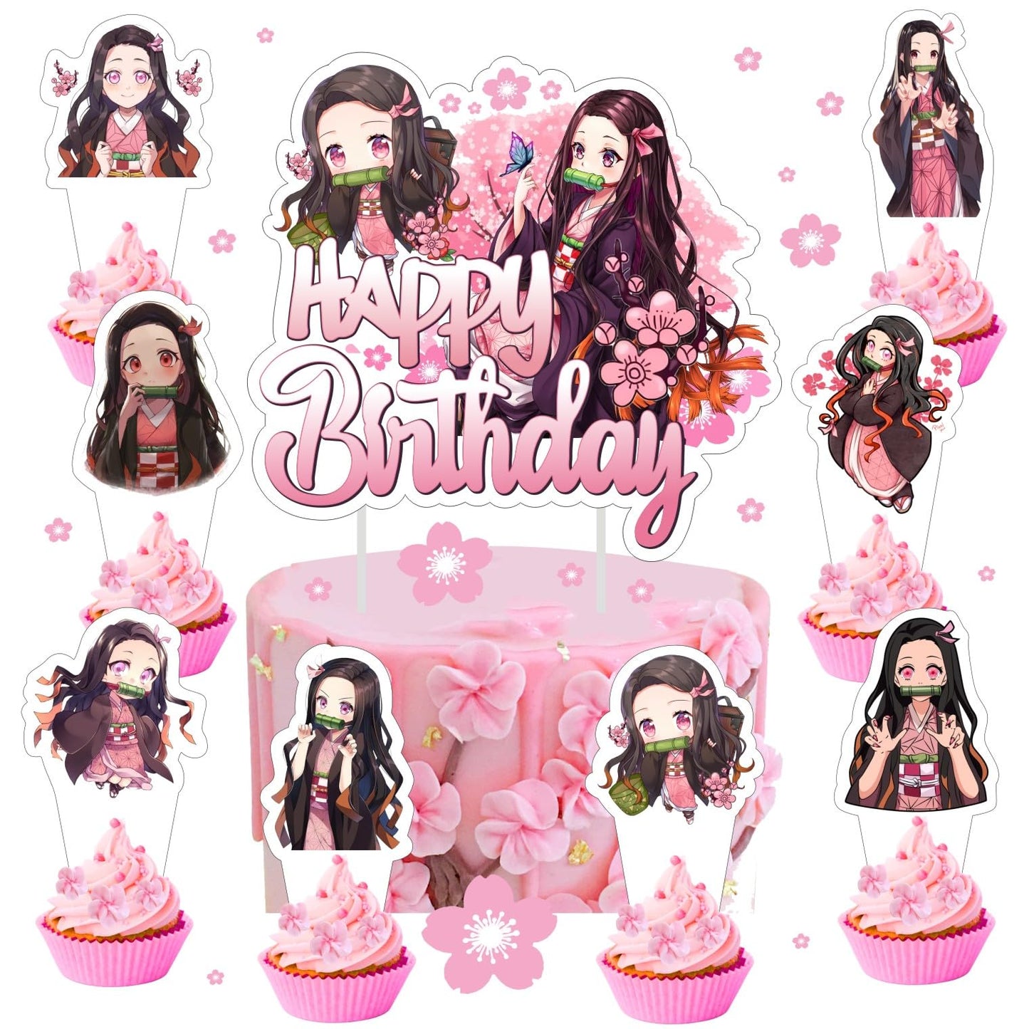 25pcs Nezuko Cake Decorations with 1pcs Cake Topper, 24pcs Cupcake Toppers for Demon Birthday Party Supplies