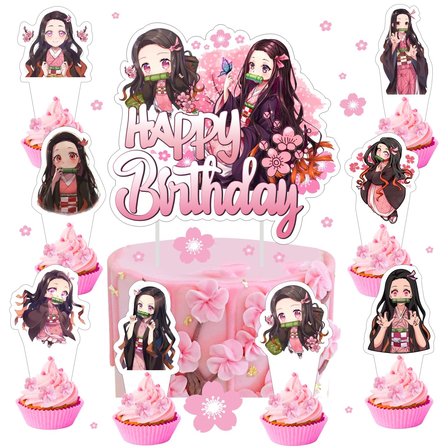 25pcs Nezuko Cake Decorations with 1pcs Cake Topper, 24pcs Cupcake Toppers for Demon Birthday Party Supplies