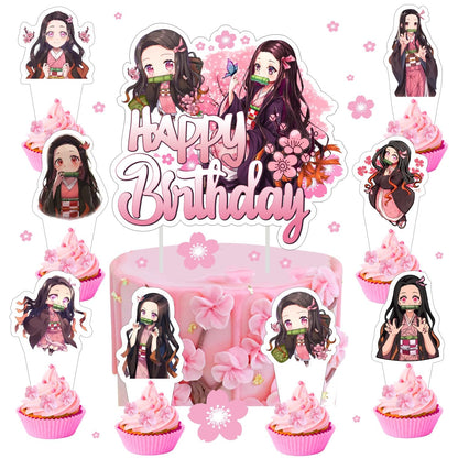 25pcs Nezuko Cake Decorations with 1pcs Cake Topper, 24pcs Cupcake Toppers for Demon Birthday Party Supplies