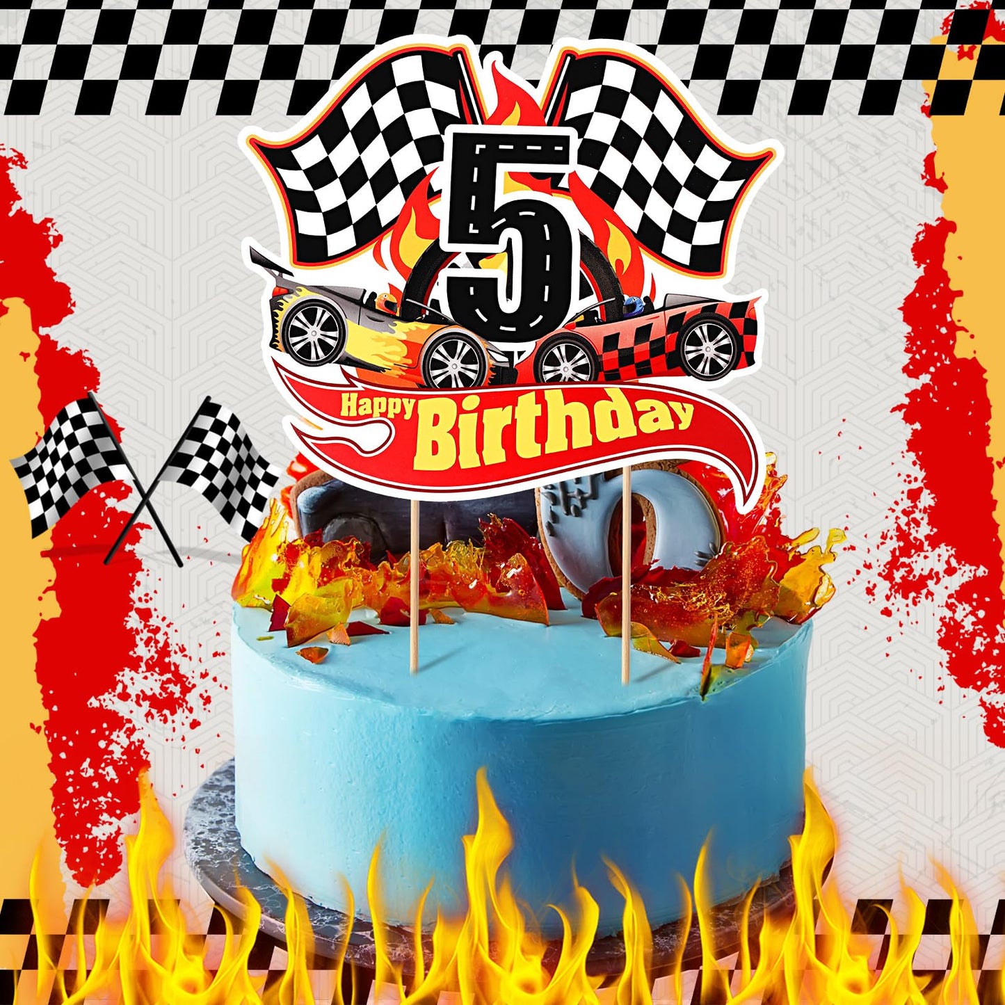Maitys Race Car 5th Birthday Cake Topper Race Car Theme Birthday Party Supplies Checkered Flag Cupcake Decorations Photo Props for Five Years Old