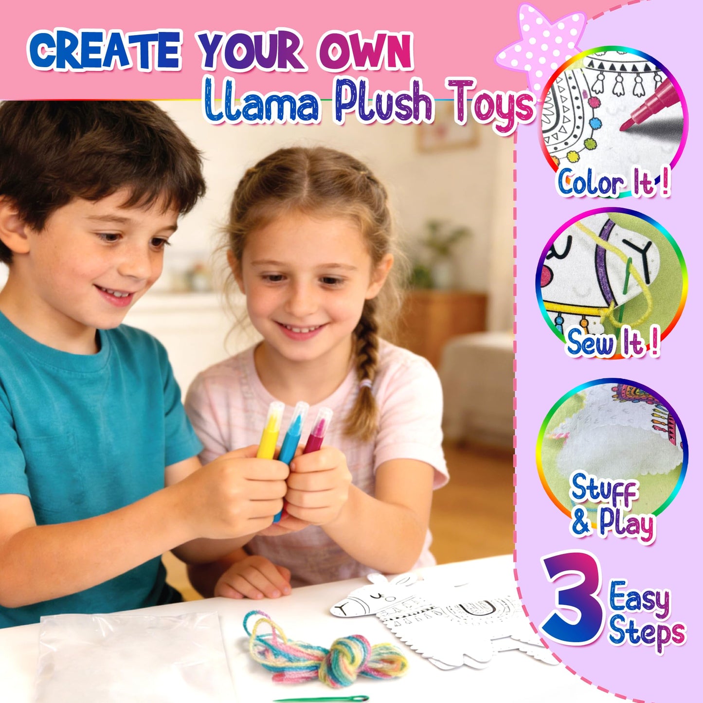 Llama Sewing Kit for Kids Ages 6+, Make Your Own Plush Toy Cute Friends, DIY Coloring & Stuffed Animals Craft Kits, Arts and Crafts for Beginner