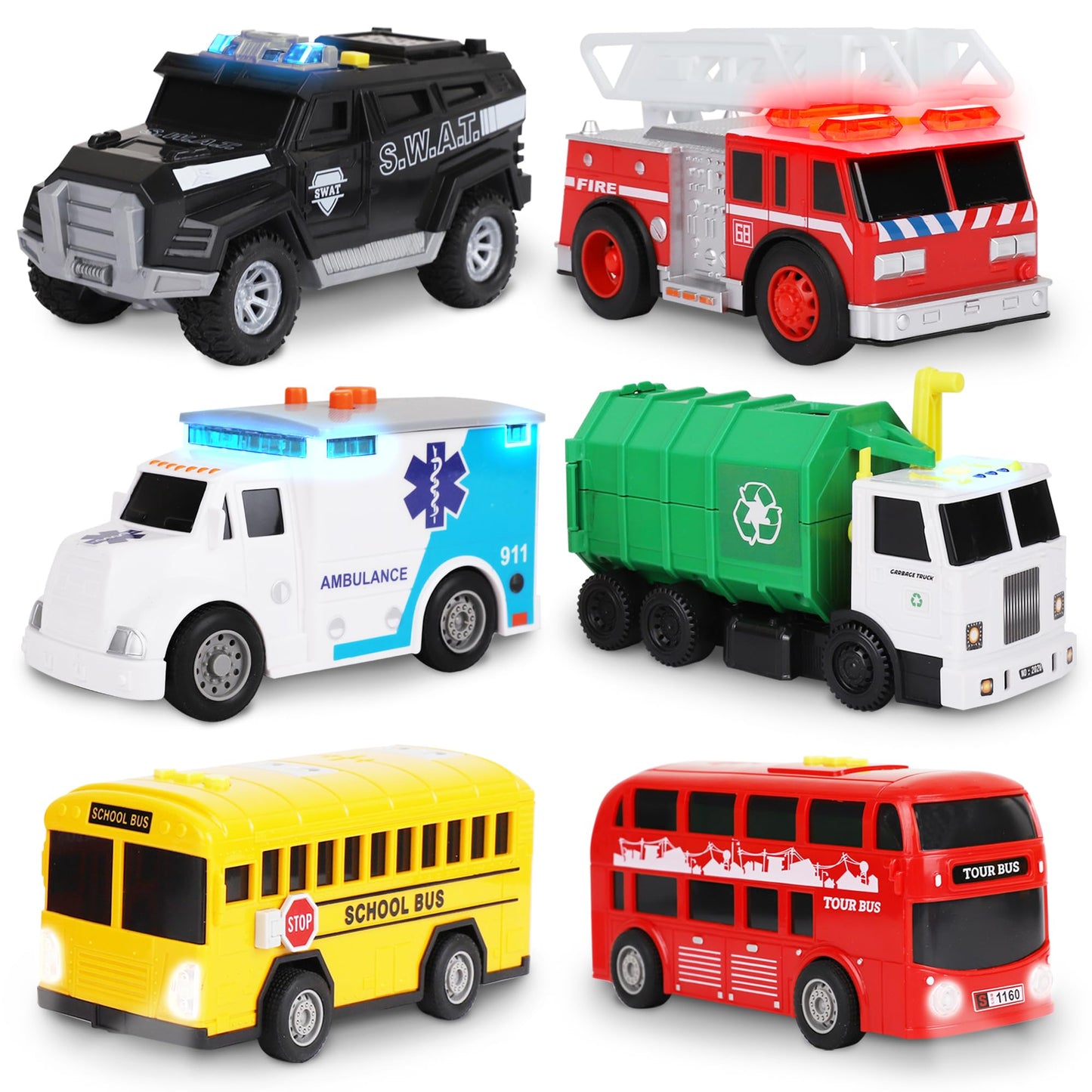 Playkidiz Toy Cars for Toddlers - 6Pcs Pull Back Cars Toys with Light and Sounds, City and emergency vehicles set, Including Police Car, Fire Truck