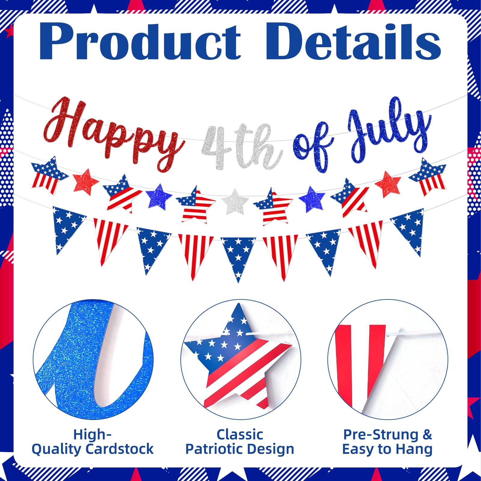 Happy 4th of July Patriotic Banner Garland, Pre-Strung Cardboard Stars and Pennants, Red White Blue USA Flag Stars and Stripes for Independence Day