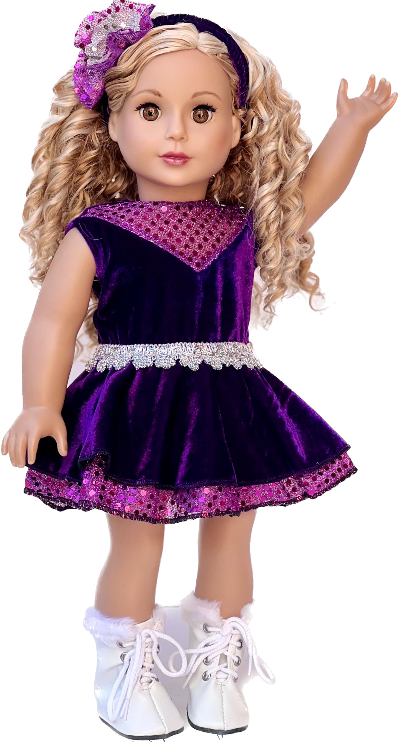 Ice Skating Queen - 3 Piece Ice Skating Outfit for 18 Inch Dolls - Purple Leotard with Ruffle Skirt, Head Band and White Skates - 18 Inch Doll Clothes
