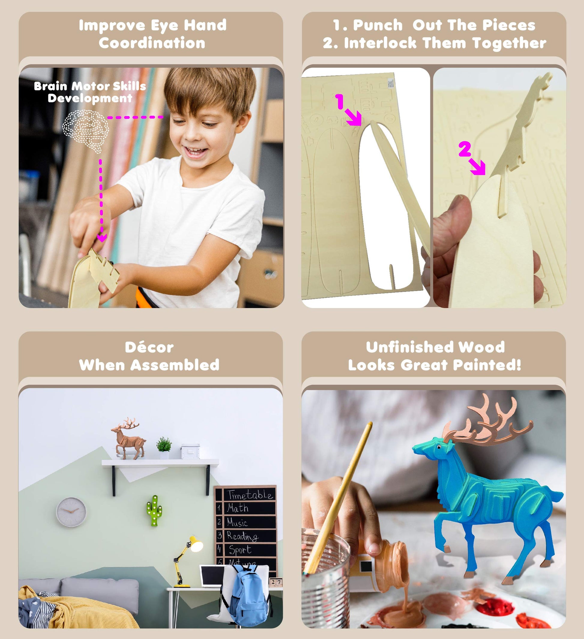 Puzzled 3D Puzzle Deer Wood Craft Construction Model Kit, Fun, Unique & Educational DIY Wooden Toy Assemble Model Unfinished Crafting Hobby Puzzle