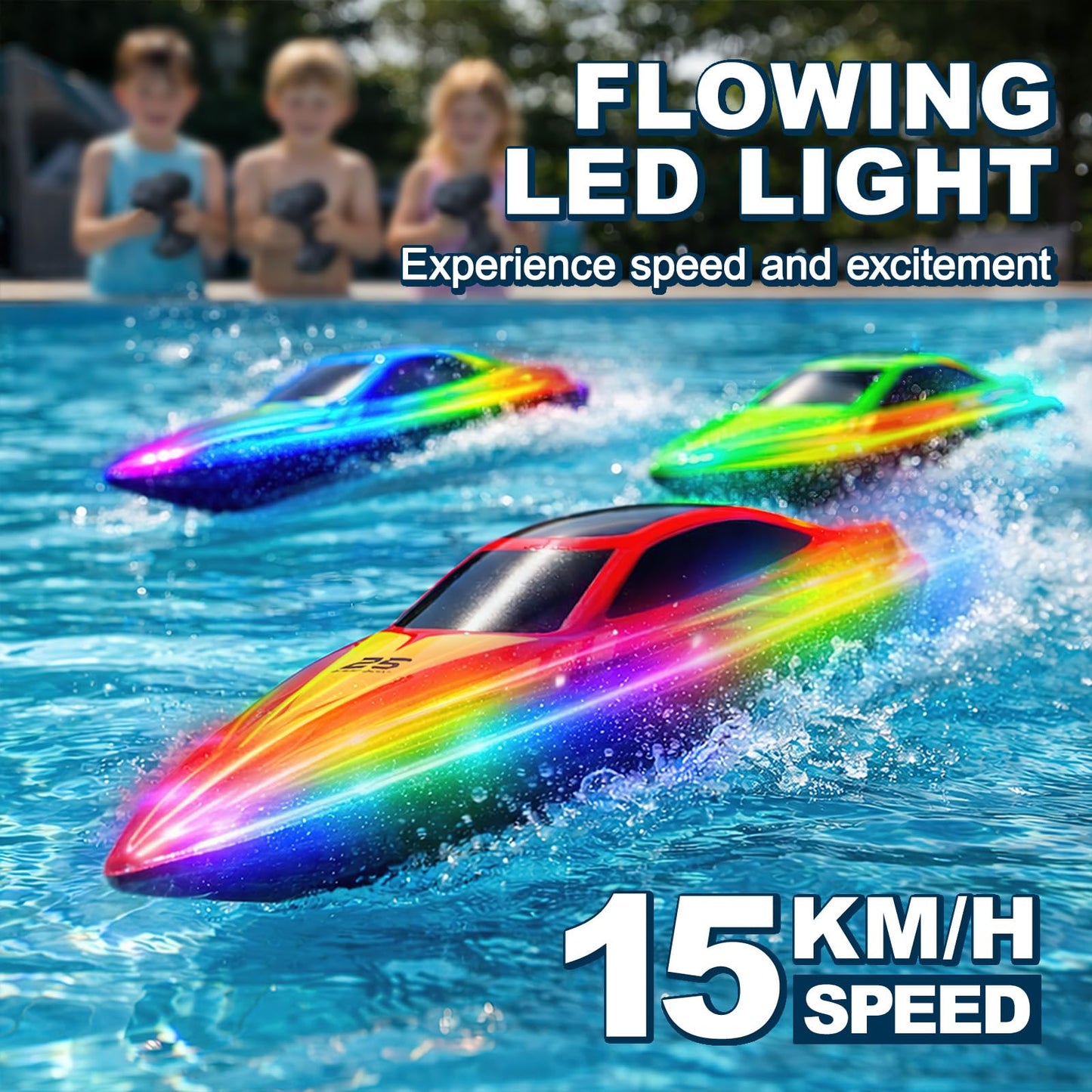 RC Boat with 7-Mode Colorful LED Lights,10 Inch Remote Control Boat,15KM/H High Speed,2.4GHz,3 Speed Modes,2 Rechargeable Batteries,Auto Flip