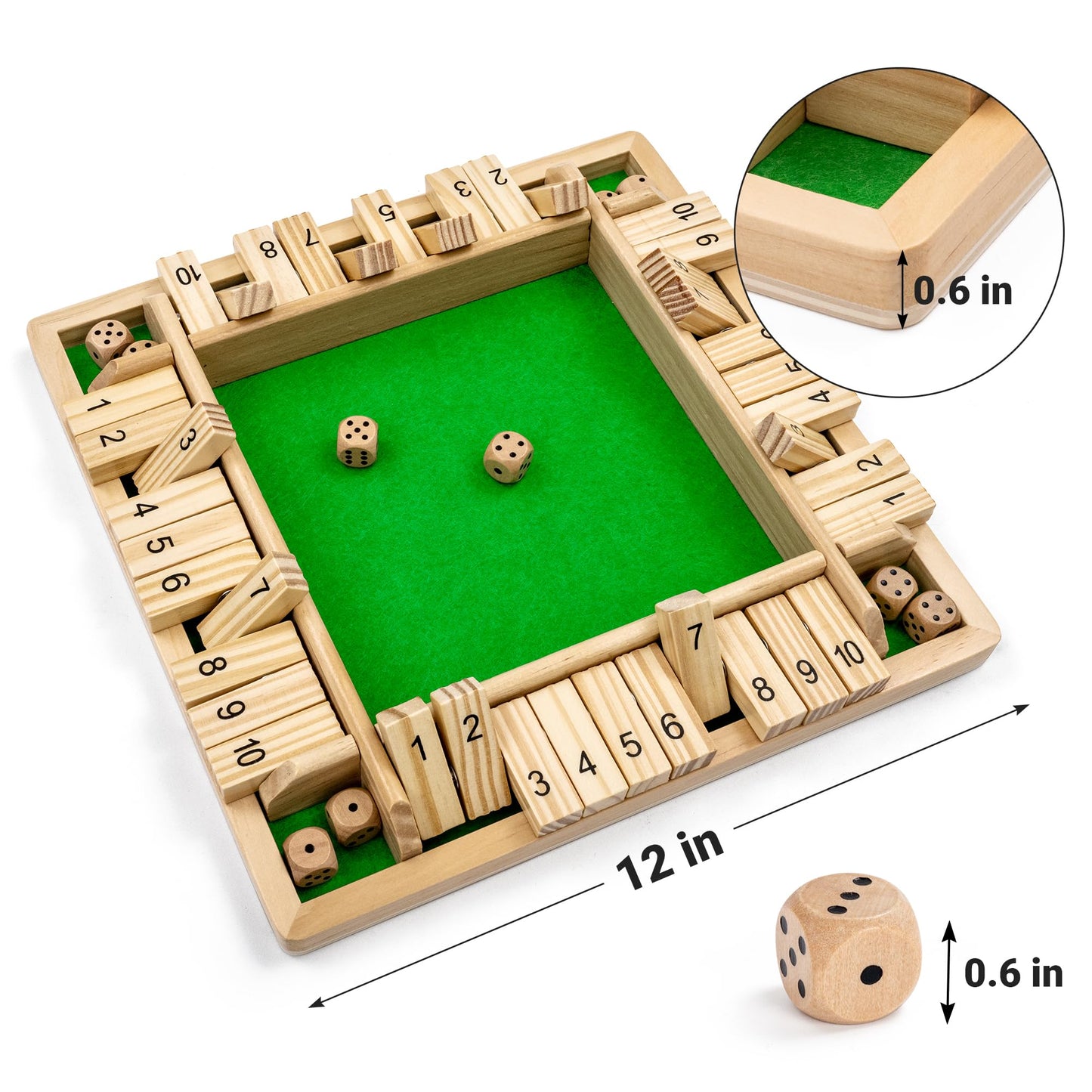 Ropoda Wooden Shut The Box Game (2-4 Players) - Large 4 Sided Board, 8 Dice, Rules - Amusing Addition Game for Kids & Adults, 12 Inch