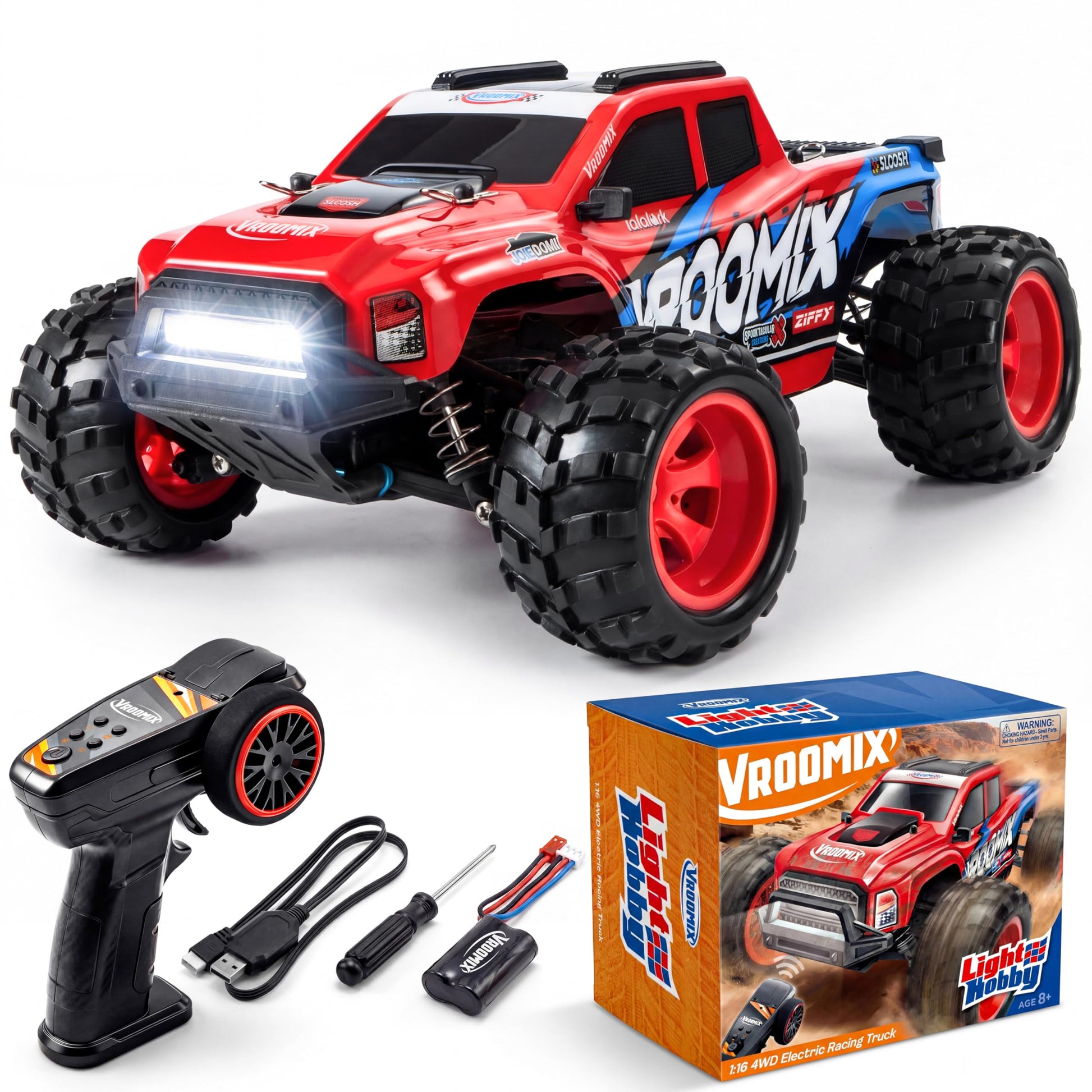 Vroomix 1:16 4WD RC Car, Red Remote Control Light Hobby Racing Monster Truck Toy Gift for Kids, 3 Driving Modes, Up to 28 Mph, 35 Mins, 110 Ft Range