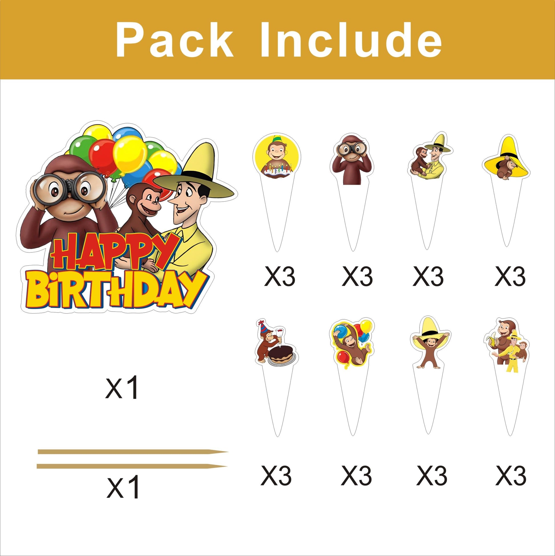 25pcs Cartoon For George of Curious Birthday Decorations with 24pcs Cupcake Toppers,1pcs Cake Topper for Cartoon Birthday Party Supplies.