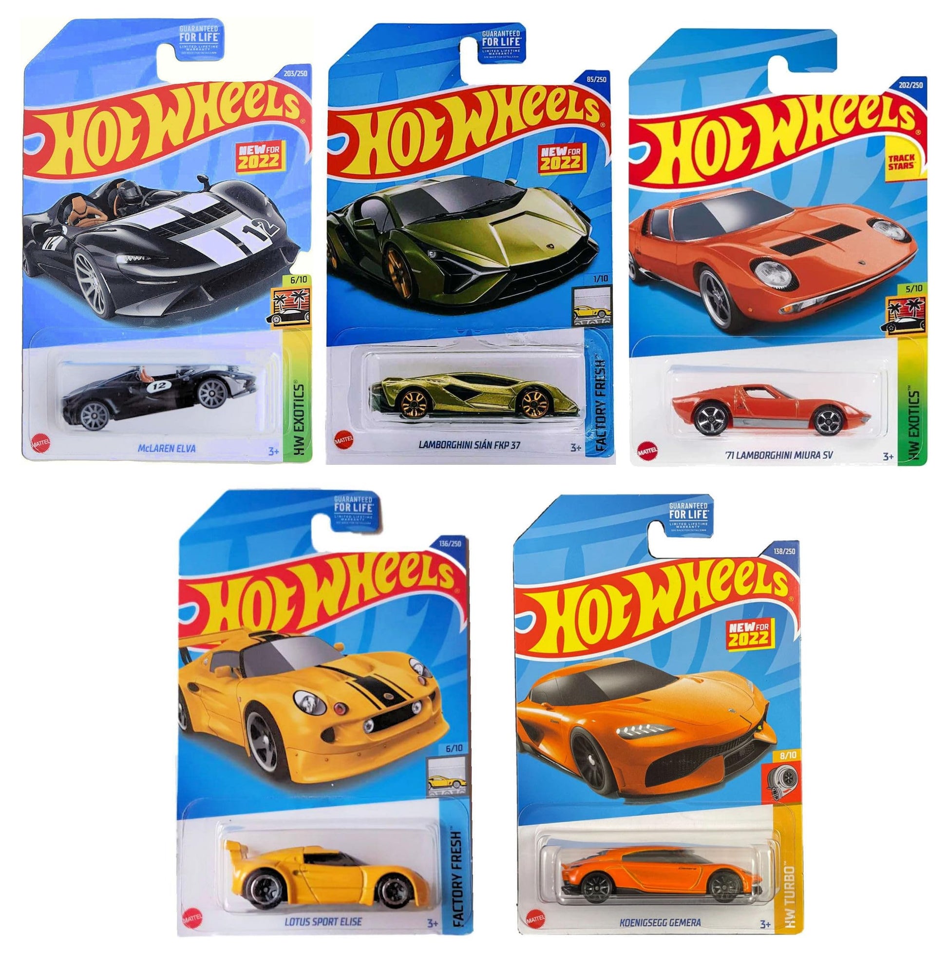 Hot Wheels 2022 Exotics Super Car 5?Pack - McLaren Elva, ‘71 Lamborghini Miura SV, Sian FKP 37, Lotus Elise & Koenigsegg Gemera | Die-Cast Metal 1:64